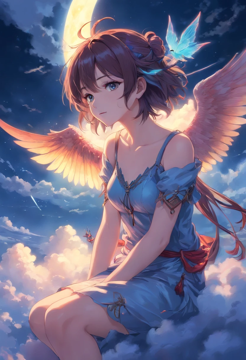 ((best quality)), ((masterpiece)), (detailed), alluring succubus, ethereal beauty, perched on a cloud, (fantasy illustration:1.3), enchanting gaze, captivating pose, delicate wings, otherworldly charm, mystical sky, (Luis Royo:1.2), (Yoshitaka Amano:1.1), moonlit night, soft colors, (detailed cloudscape:1.3), (high-resolution:1.2)