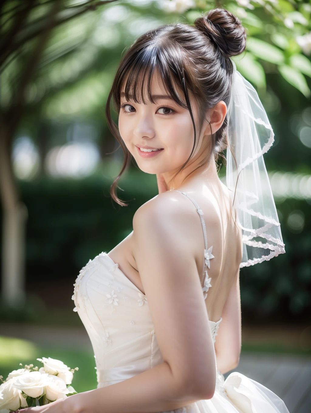 8k、High definition、Ultra Detail、Photorealistic、Realistic and accurate depiction、Realistic and accurate human anatomy、High resolution、Highest quality、Japanese、Beautiful Girl Down Blouse、(Detailed Wedding Dresses:1.2)、(Realistic、Photorealistic、Ultra-detailed、Highest Detail Skin、Highest quality、masterpiece、超High resolution)、Realistic skin types、Japanese、23 years old、Very cute girl、shortcut、Shooting from above、Outside the church、Side shot、Looking up at the camera、Cute Smile、Tierra