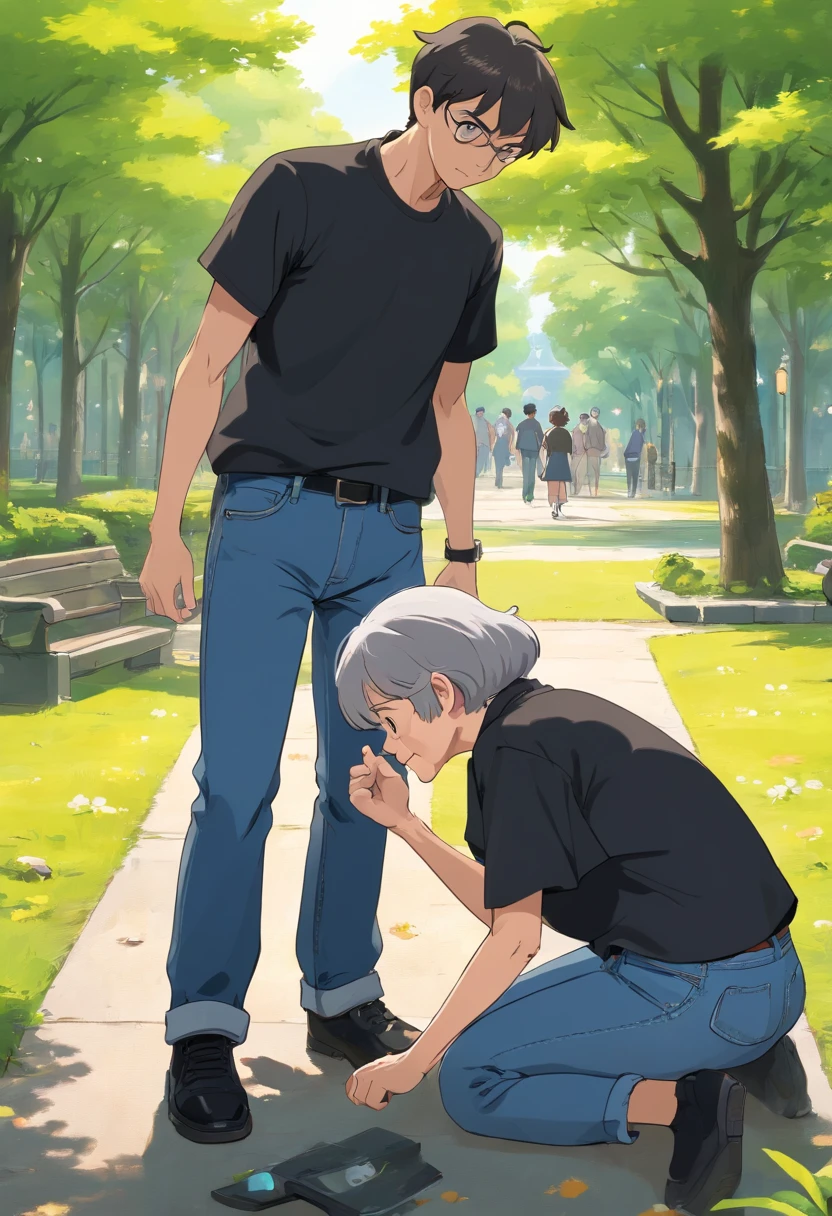 a young man with black t shirt and a jeans , helps an old woman wearing black and gray uniform that fell on the ground , to stand up , in the park , Dutch Camera Angle , Long Shot