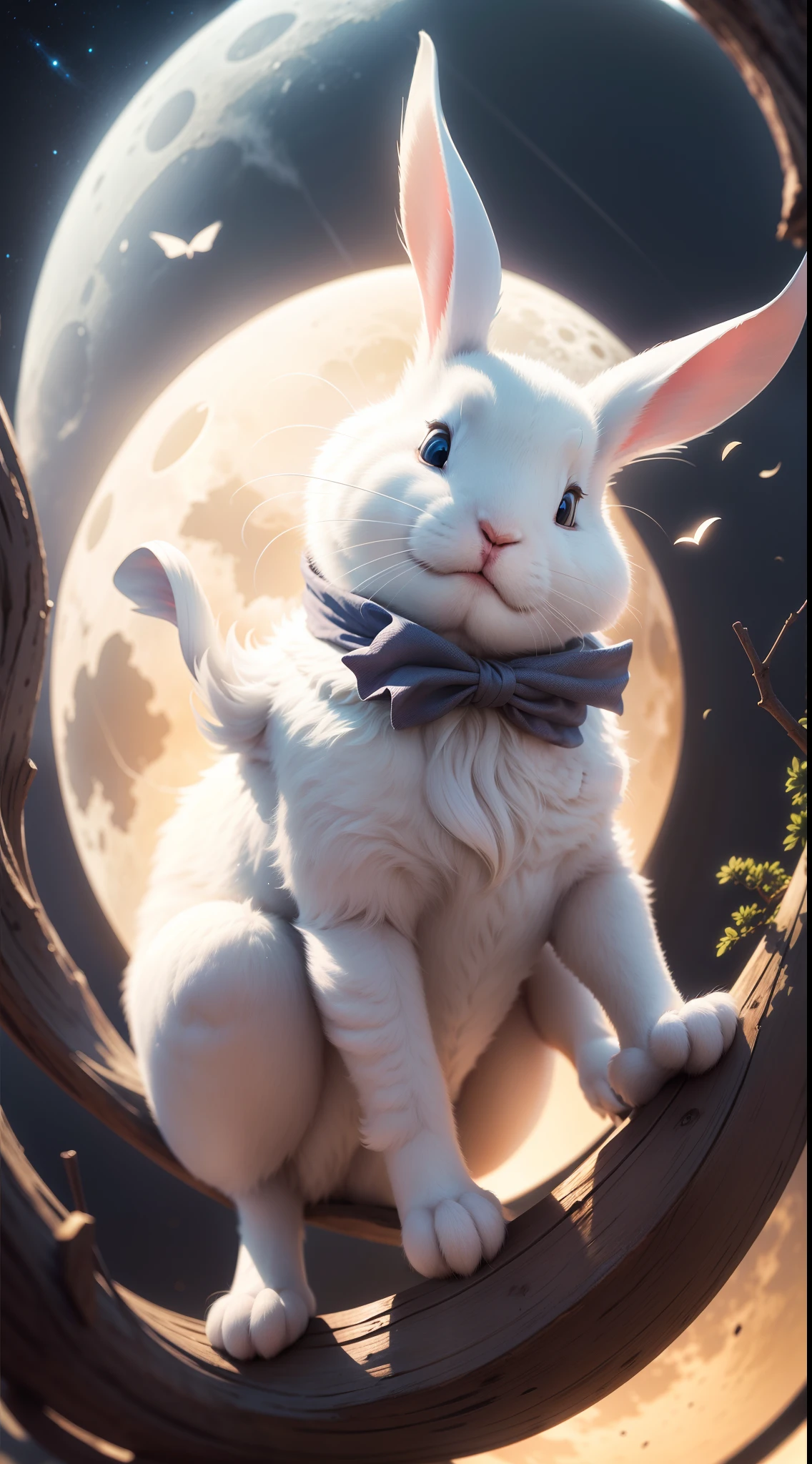 White rabbit looking up at the full moon