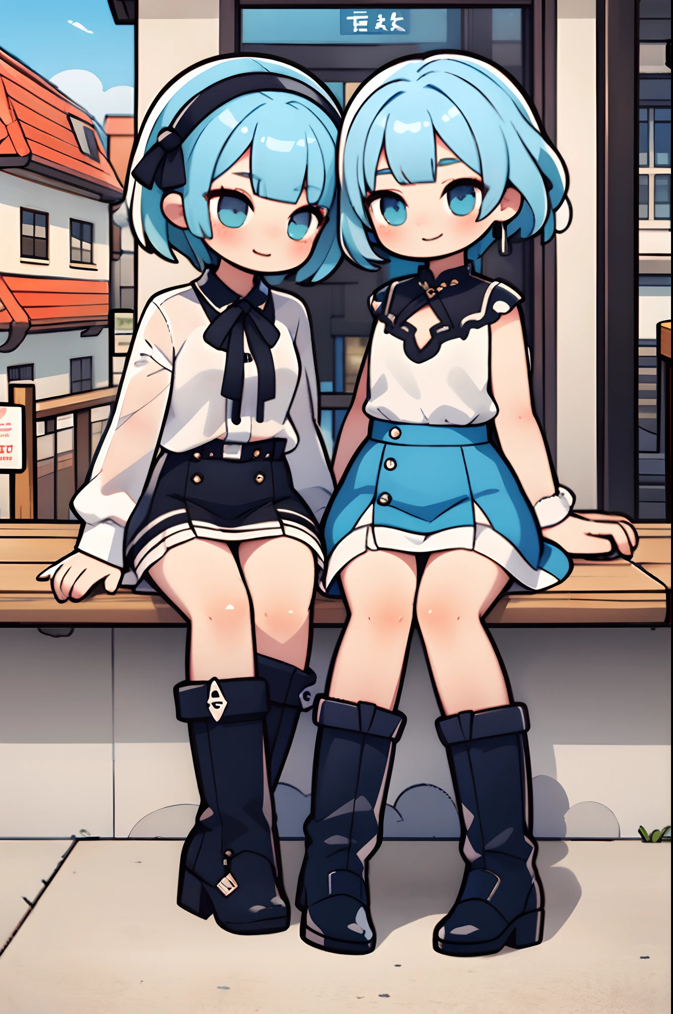 (​masterpiece)、top-quality、hight resolution、A highly detailed、细致背景、Perfect litthing、blue hairs、Longhaire、town、full bodyesbian、a miniskirt、Black boots、ssmile