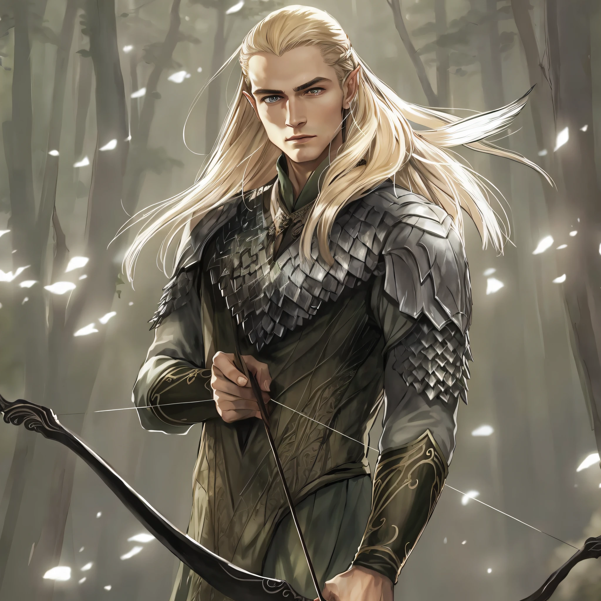 A woman walks in the forest with a bow and a bow, Legolas as the Elven Ranger, Elven blonde male warrior, Legolas, beautiful male elf, elven male, Male Blonde Elf Ranger, Similar to Legolas, Legolas from "The Lord of the Rings", эльфа Elden Ring, The Greatest Elven Warrior, a male elf, kali