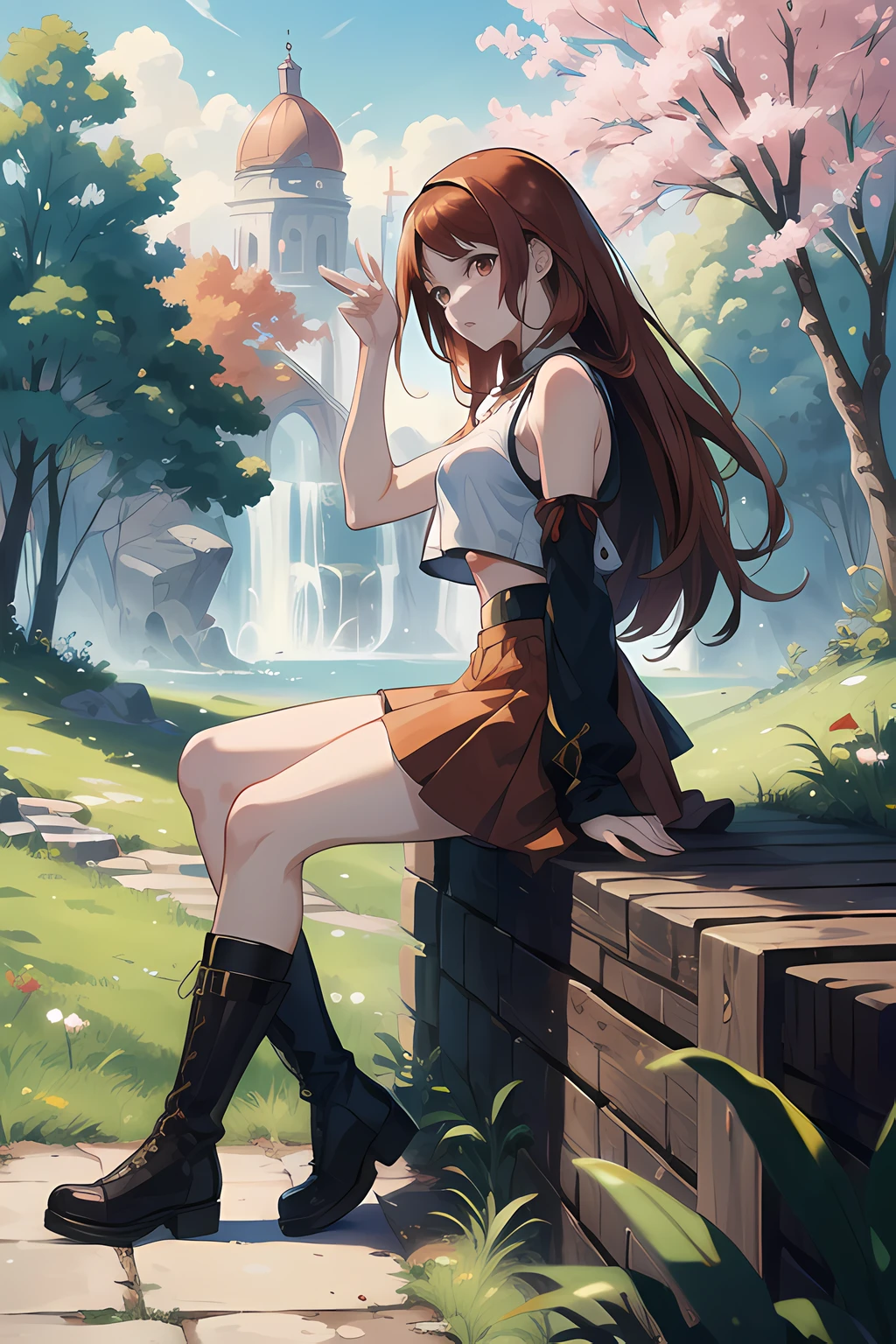 (best quality, masterpiece), official art, illustration, ligne claire, highres, absurdres, ultra-detailed, 8k, cel shading, 1girl, long red hair, forest, sakura, leafs, tree, Plunge Neck Rib Crop Tank Top, red skirt, brown boots, high res, ultrasharp, 8K, masterpiece,1 girl, full body, (a beautiful young woman: 1.1), beautiful detailed eyes, (looking at the viewer), vibrant, clothing, posing, colorful, dynamic, background, elements, confident, expression, majestic, cover, eye-catching, anime coloring, (anime screencap:1.2), fantasy setting