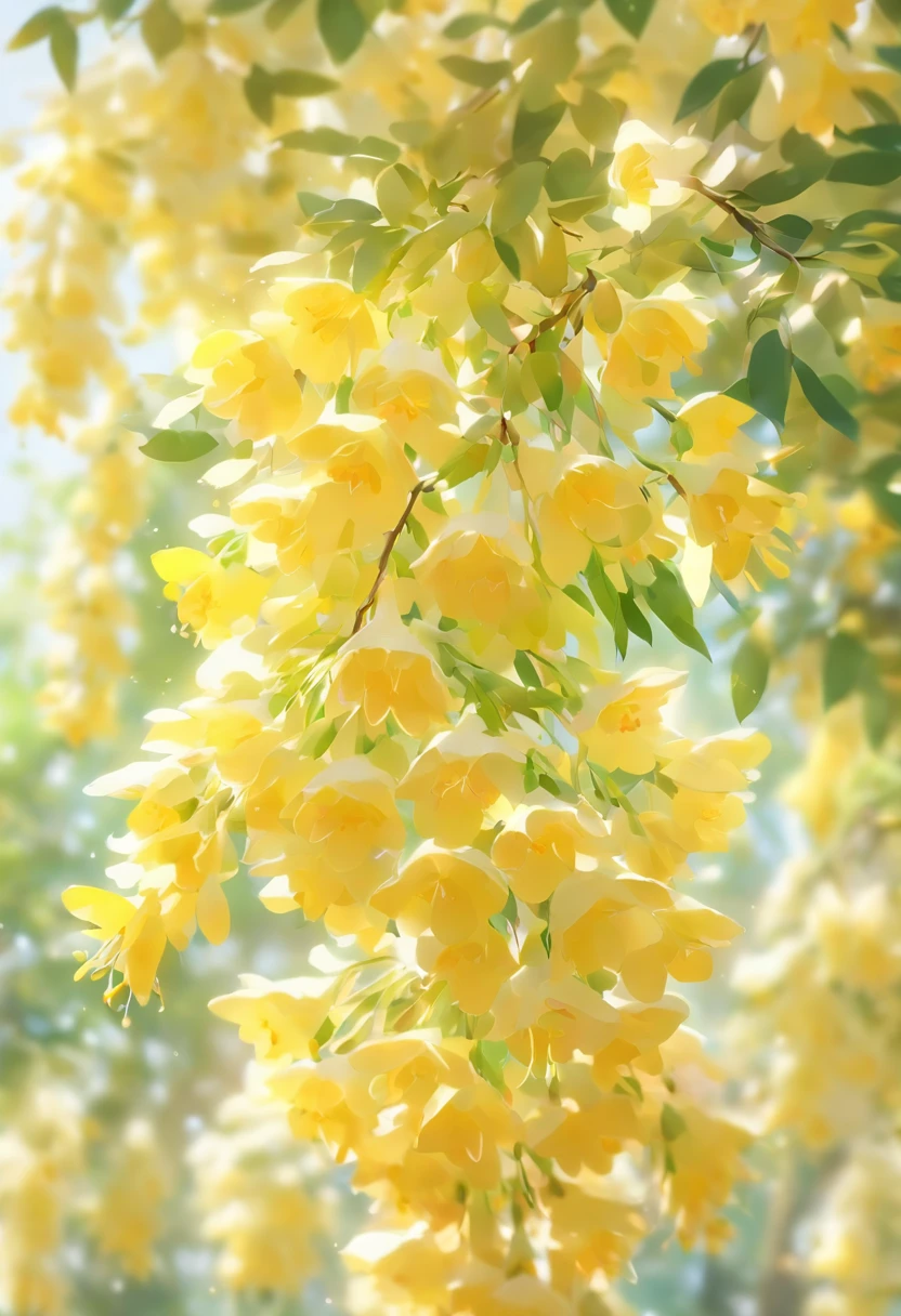 Acacia tree,Also called"black locust",The flowers are butterfly corollas,It is clustered when blooming,Climbing into spikes,Overlapping overhangs,The florets are often wrinkled and curled,The petals are scattered,The whole one is calyx bell-shaped,Five petals,Delicate and delicate,The flowers appear pale yellow or white,The petals are soft and delicate,It's like a thin veil,Gently float in the air,Calyx bell-shaped,Five petals,Delicate and delicate,The smell is fragrant