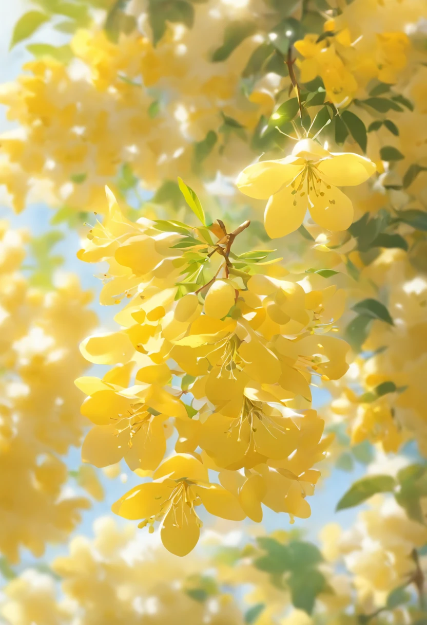 Acacia tree,Also called"black locust",The flowers are butterfly corollas,It is clustered when blooming,Climbing into spikes,Overlapping overhangs,The florets are often wrinkled and curled,The petals are scattered,The whole one is calyx bell-shaped,Five petals,Delicate and delicate,The flowers appear pale yellow or white,The petals are soft and delicate,It's like a thin veil,Gently float in the air,Calyx bell-shaped,Five petals,Delicate and delicate,The smell is fragrant