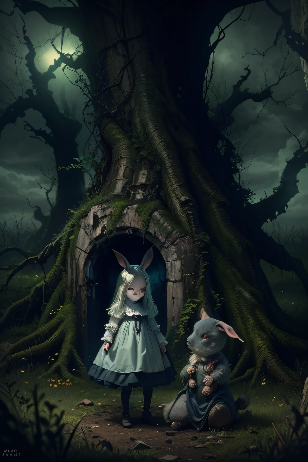 Alice in Wonderland,child in horror style Halloween,horror style chester cat,matte and dark colors,terrifying and scary scene,(best quality,4k,8k,highres,masterpiece:1.2),ultra-detailed,(realistic,photorealistic,photo-realistic:1.37),horror,frightening atmosphere,dark shadows,spooky lighting,creepy trees,mysterious fog,haunting moonlit sky,gloomy forest,evil grins,mischievous eyes,unsettling composition,macabre elements,distorted reality,intense emotion,twisted imagination,grotesque details,nightmare-inducing imagery,ominous and eerie vibes,unsettling silence,foreboding aura,sinister corners,ominous presence,mystical creatures,stark contrast,nightmarish dreamscape,enchanted madness,illusionary world,cryptic symbols,enchanted chaos,inescapable darkness,imagination gone awry,devilish charm,childhood fears,gothic aesthetic,unearthly whispers,demonic whispers,enchanted rabbit hole,disorienting journey,childlike innocence consumed by darkness,uncanny encounters,phantasmal tale,horror-filled wonderland.
