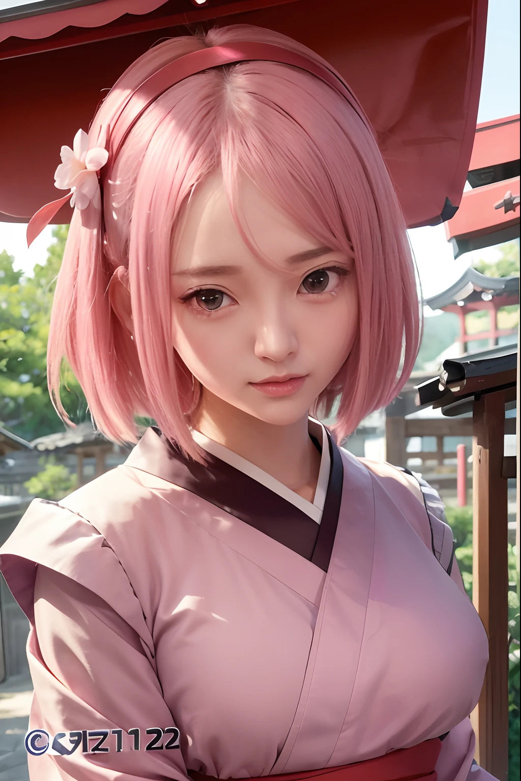 Sakura Uchiha. a woman was in the yard. she is seen wearing a pink kimono. he has short hair. pink. which breaks down. straight. not tied. she had skin as white as snow. with flushed red cheeks. and tiny red lips. he appears to be looking at the camera. so beautiful and realistic