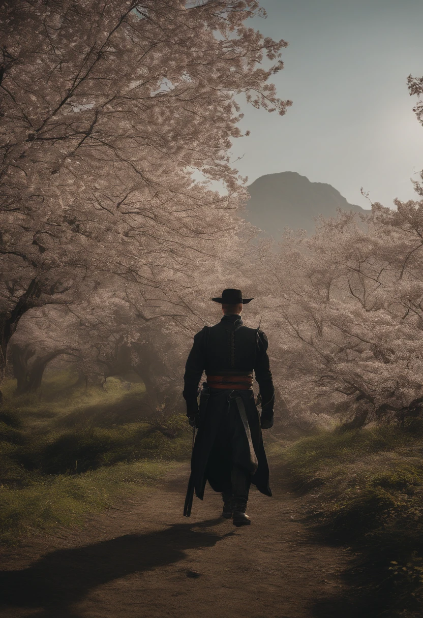 (ultra-realistic,8k,extremely detailed:1.2, photorealistic),cyberpunk, steam punk, male samurai in a battlefield, surrounded by lifeless bodies, Sakura tree behind, photo captured from back.