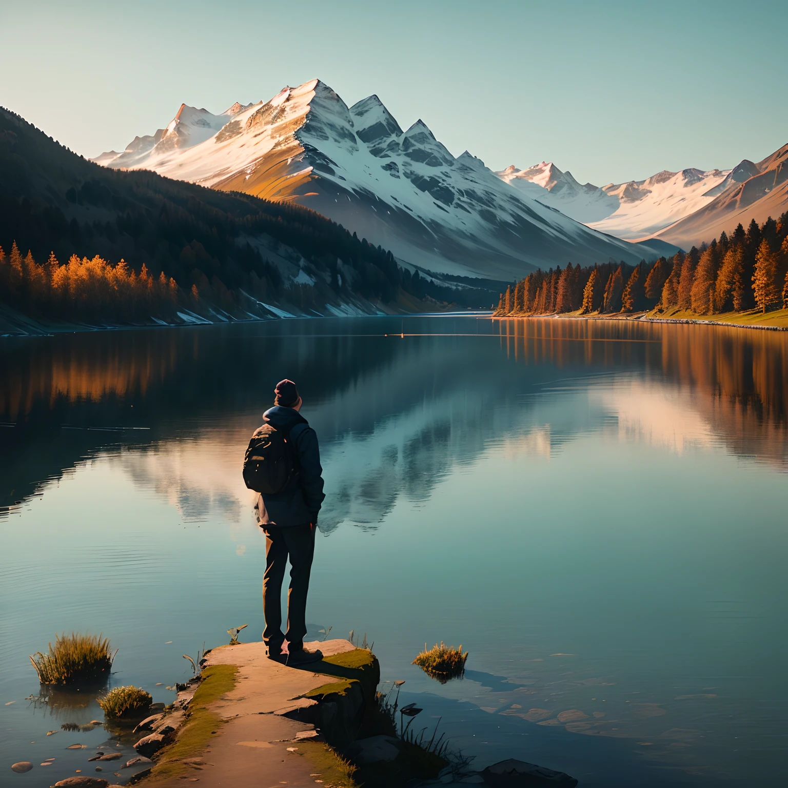 Scene opens with a person standing at the edge of a serene lake, contemplating life