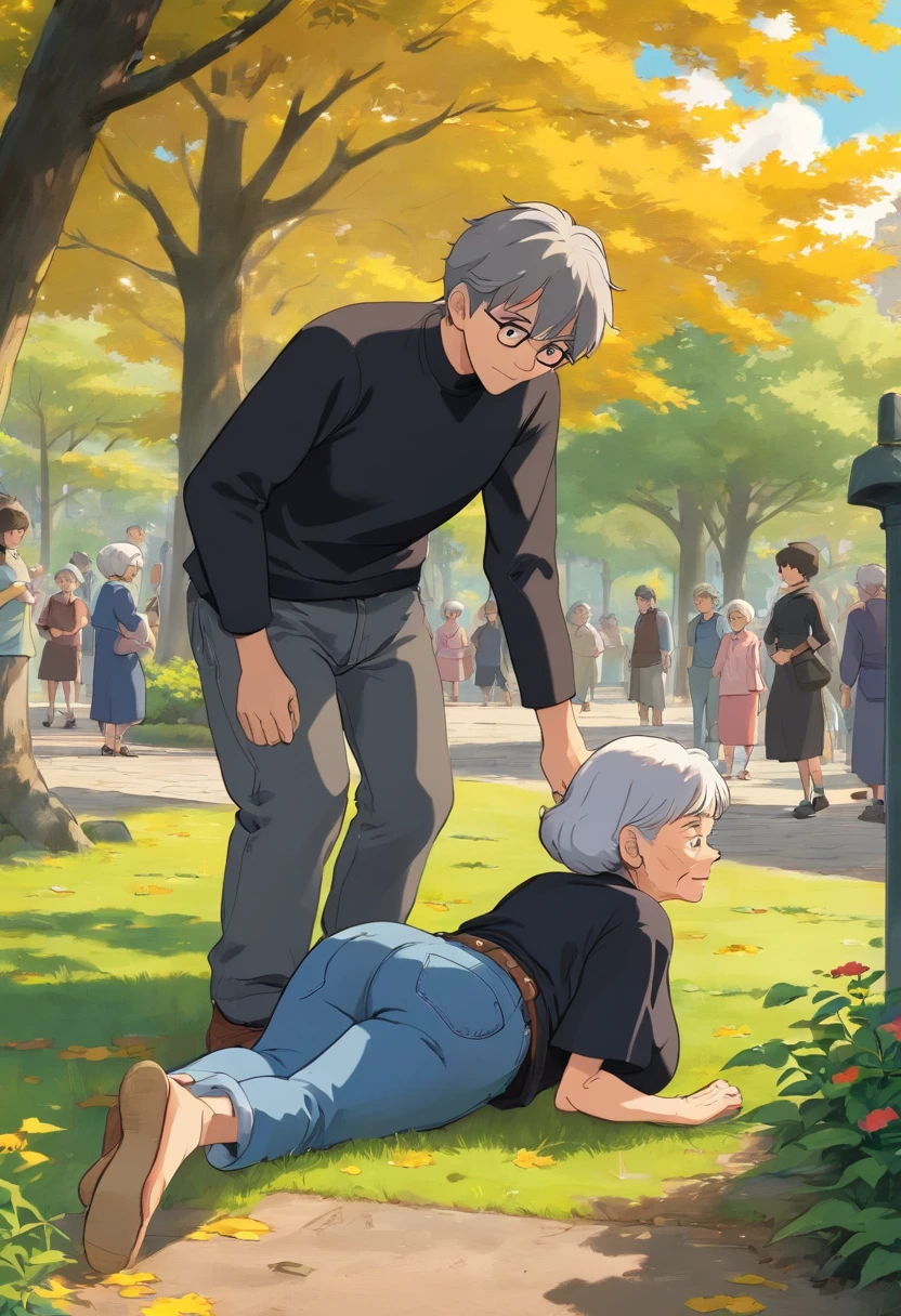 a young man with black t shirt and a jeans , helps an old woman that fell on the ground to stand up , the old woman is wearing black and gray uniform that fell on the ground , in the park , Dutch Camera Angle , Long Shot