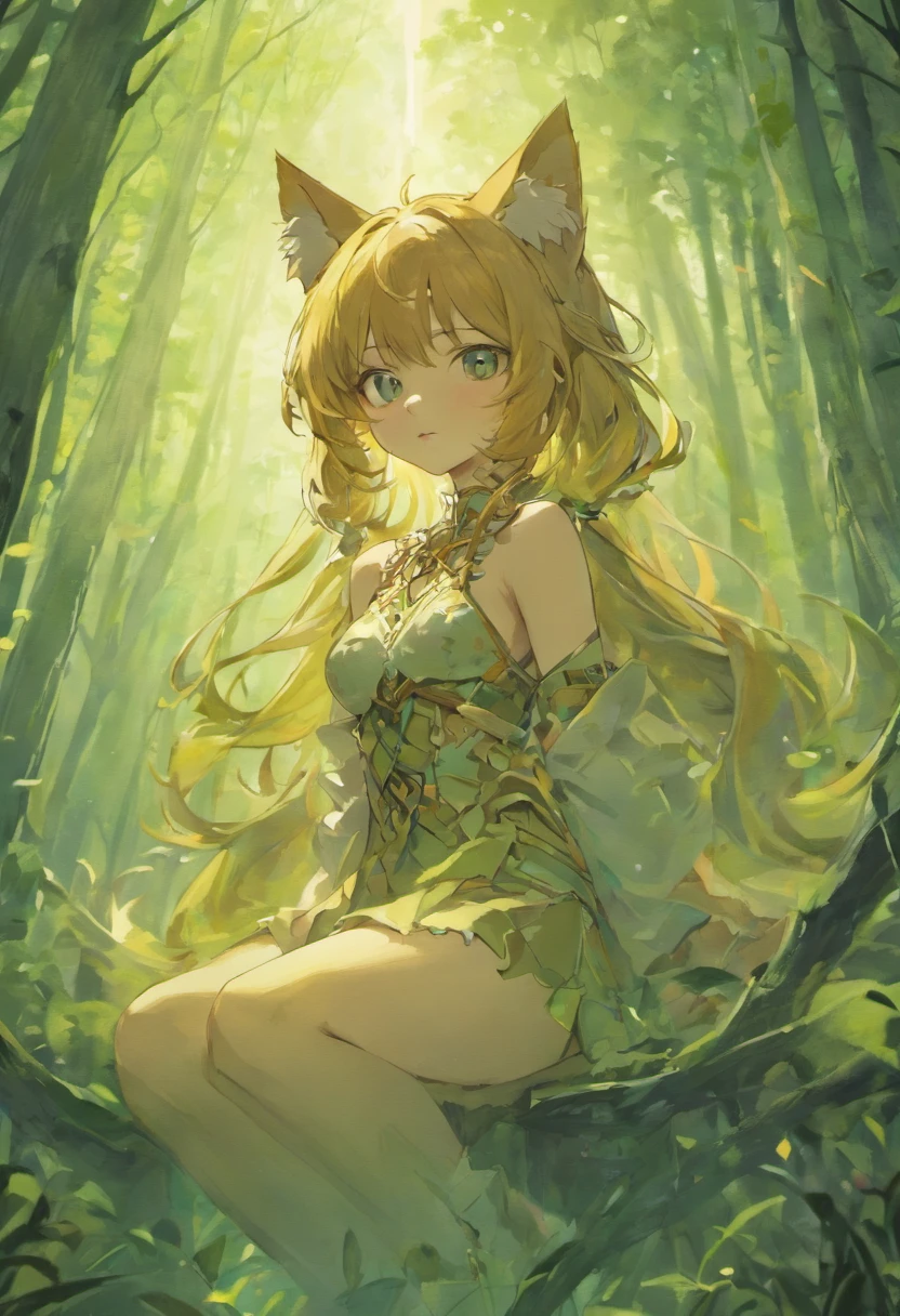 ((Need)), ((tmasterpiece)), (A detailed), , Ethereal beauty, Inhabits forests, (fantasy illustrations:1.3), Seductive gaze, captivating posture, , otherworldly charm, In the forest, (Luis Royo:1.2), (Yoshitaka Amano:1.1),, pastelcolor, (detailed cloudscape:1.3), (A high resolution:1.2)，huge tit，black sock，tightsuit，Cat ears，a cat tail