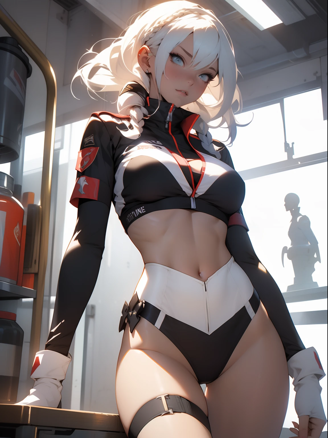 ((Best quality)), ((Masterpiece)), (Detailed: 1.4), (Absurde), A female fighter pilot ready for war in a military bikini, marin, dark skinned, Sculpted body defined, corps entier, Cuisses nues, mouth closed, Cyberpunk, half-naked, generous neckline, ((Perfect huge breasts)), (Yeux bleu clair super clairs sans pupilles), (((Bikini camouflage militaire)), (((cheveux blancs avec tresse)))), longs cils maquillage lourd, porte-jarretelles, jumeler beaucoup, niji --V5, close to real, psychopathe, visage parfait, sexy pose, Background with a giant Evangelion head, 2 piece clothes, cake, centered, scale to suit dimensions, Hdr (High Dynamic Range),Ray Tracing, NVIDIA RTX,Super-Resolution,Unreal 5,Dispersion souterraine, PBR Texture, Post-traitement, Filtrage anisotrope, profondeur de champ, Maximum Clarity and Sharpness, Textures multicouches, Albedo and specular maps, Ombrage de surface, Accurate Simulation of Light-Material Interaction, Proportions parfaites, Rendu octane, two tone lighting, Grande ouverture, ISO faible, Balance des blancs, Rule of Thirds, 8K RAW, Crysisnanosuit Bikini, thigh gap, belles hanches, Cowboy-shot
