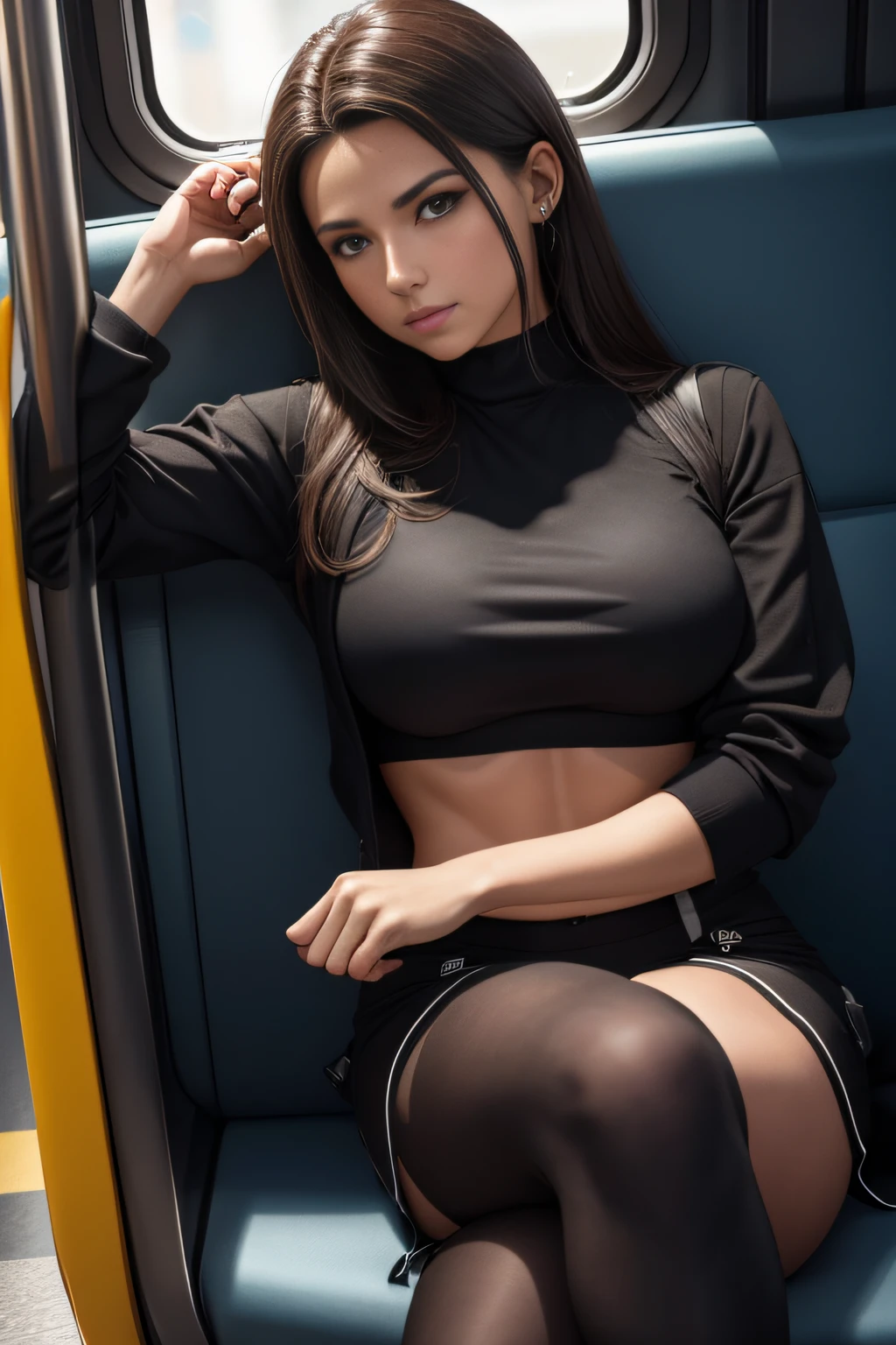 masterpiece,round face,tights,big breasts,Sticking out,high heels,train,big eyes,Tight Skirt