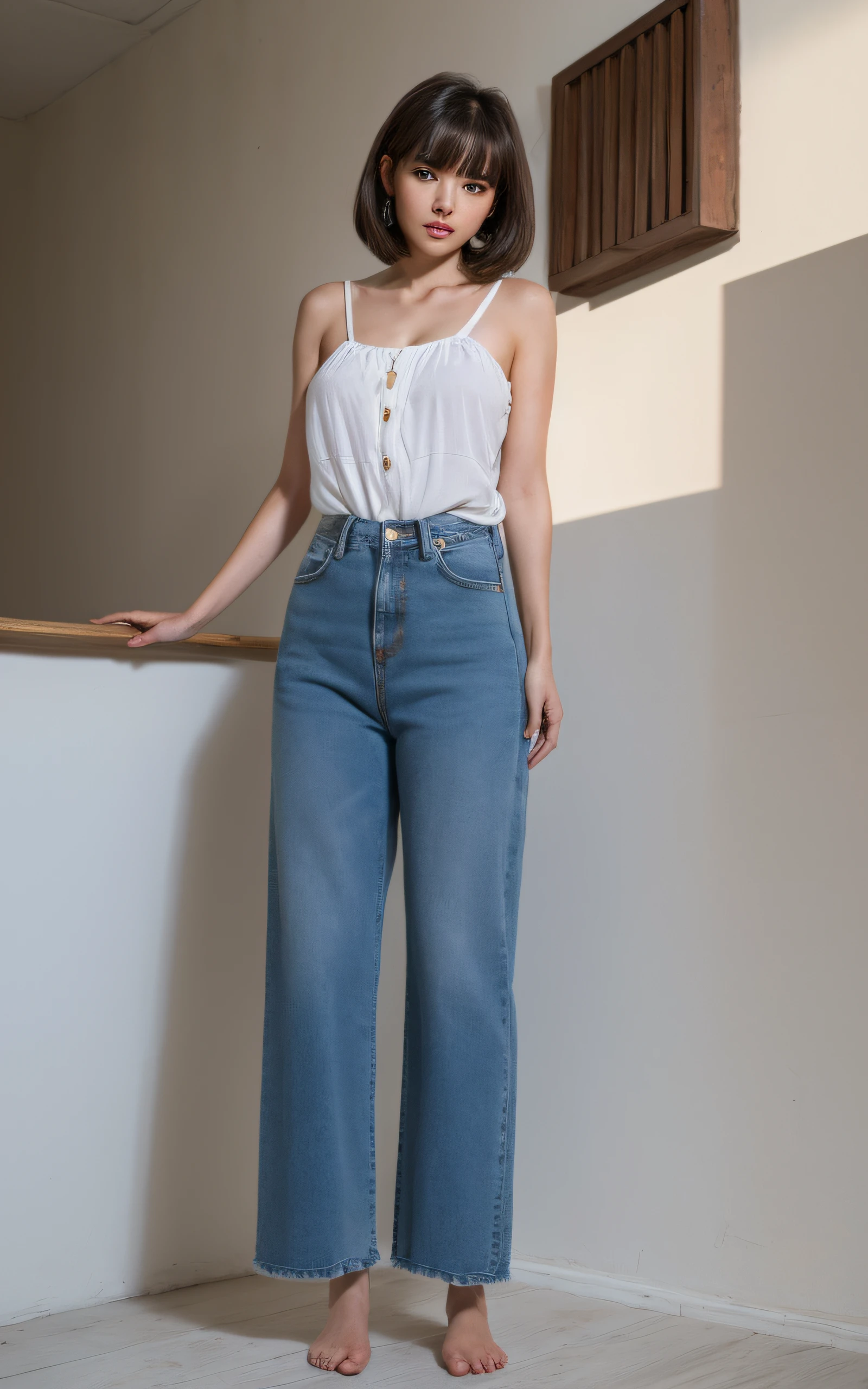 of the highest quality, Realistic, Perfect human body structure, Very detailed, Very delicate and beautiful, Raw photography, Majestic mountain ranges in the distance, Professional Lighting, Luminescent, depth of fields, Single focal length, ((Full body:1.5)), sad, Brown hair, small head, Big breasts, Baby face, Beautiful eyes, Real Face, Realistic skin, Detailed eyes, (Fashionable hairstyle: 1.3), Bangs, hposing Gravure Idol, Silk blouse, Denim pants, absurderes、incredibly absurd res、Extremely fine,