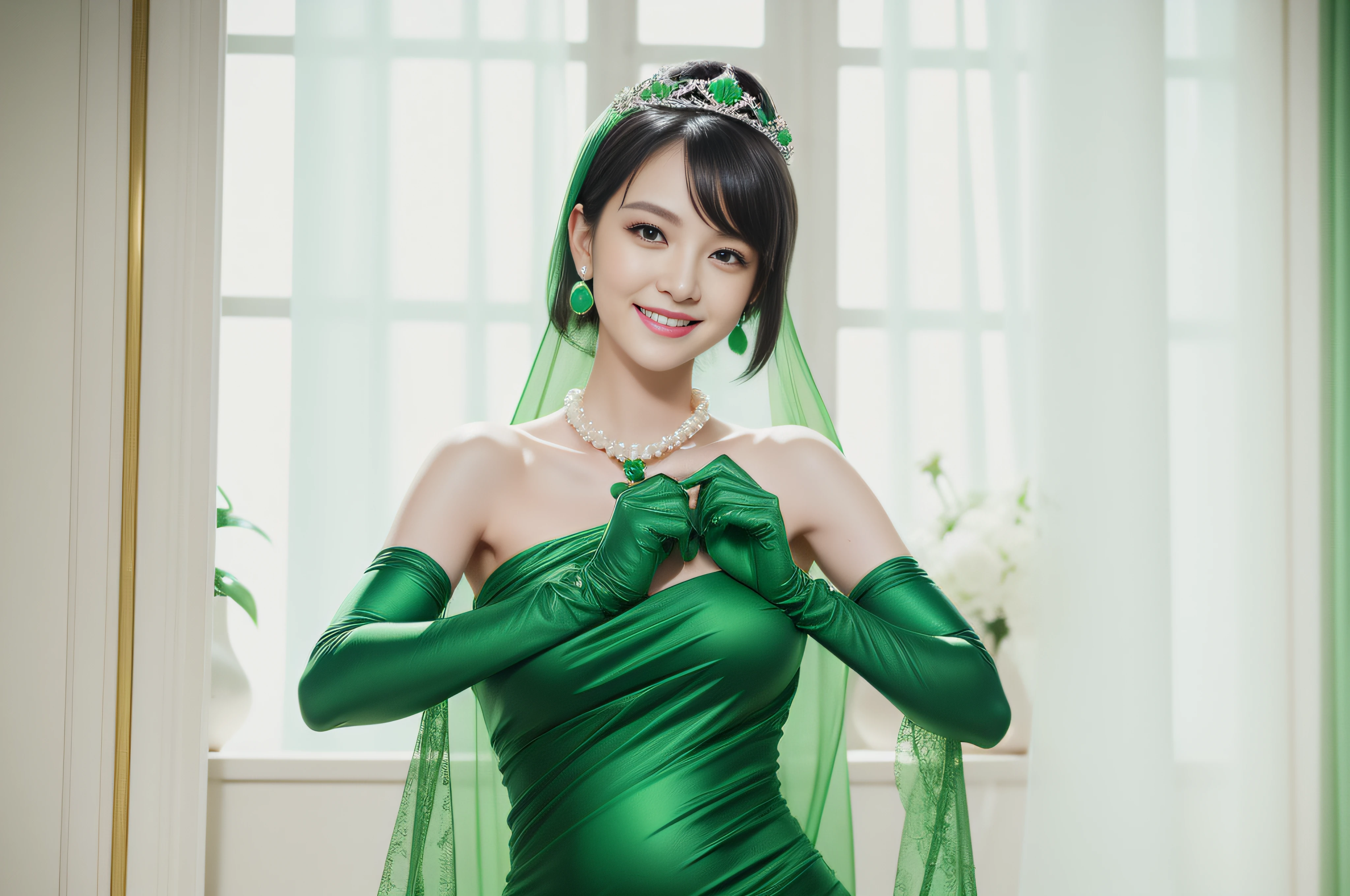 emerald tiara, Green Pearl Necklace, Boyish very short black hair, lipsticks, Japan woman smiling, very short short hair, big breasts beautiful, Green eyes, Long green gloves made of satin material, Green eyes, Emerald Earrings, Green dress, Pregnant Woman