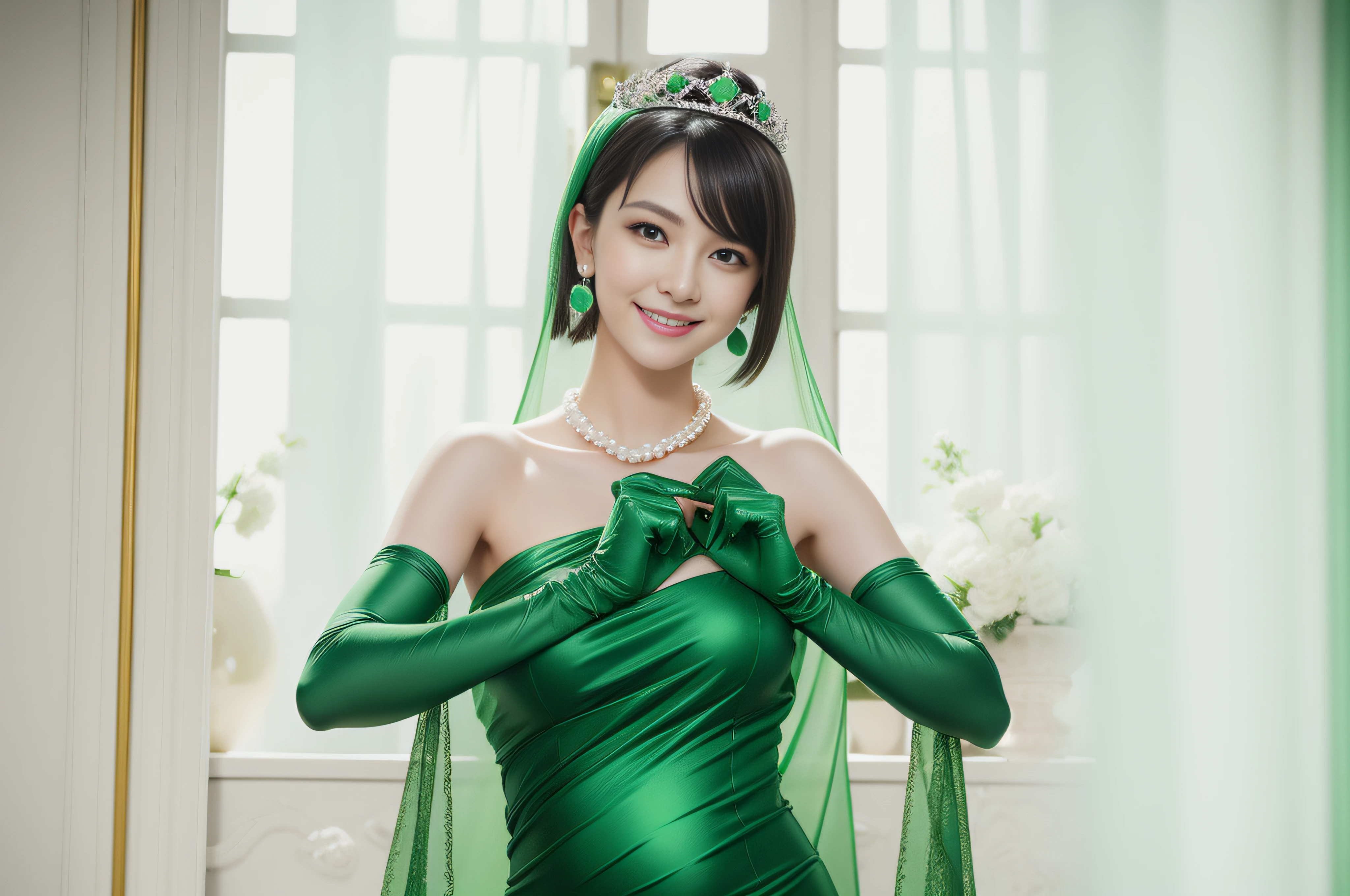 emerald tiara, Green Pearl Necklace, Boyish very short black hair, lipsticks, Japan woman smiling, very short short hair, big breasts beautiful, Green eyes, Long green gloves made of satin material, Green eyes, Emerald Earrings, Green dress, Pregnant Woman