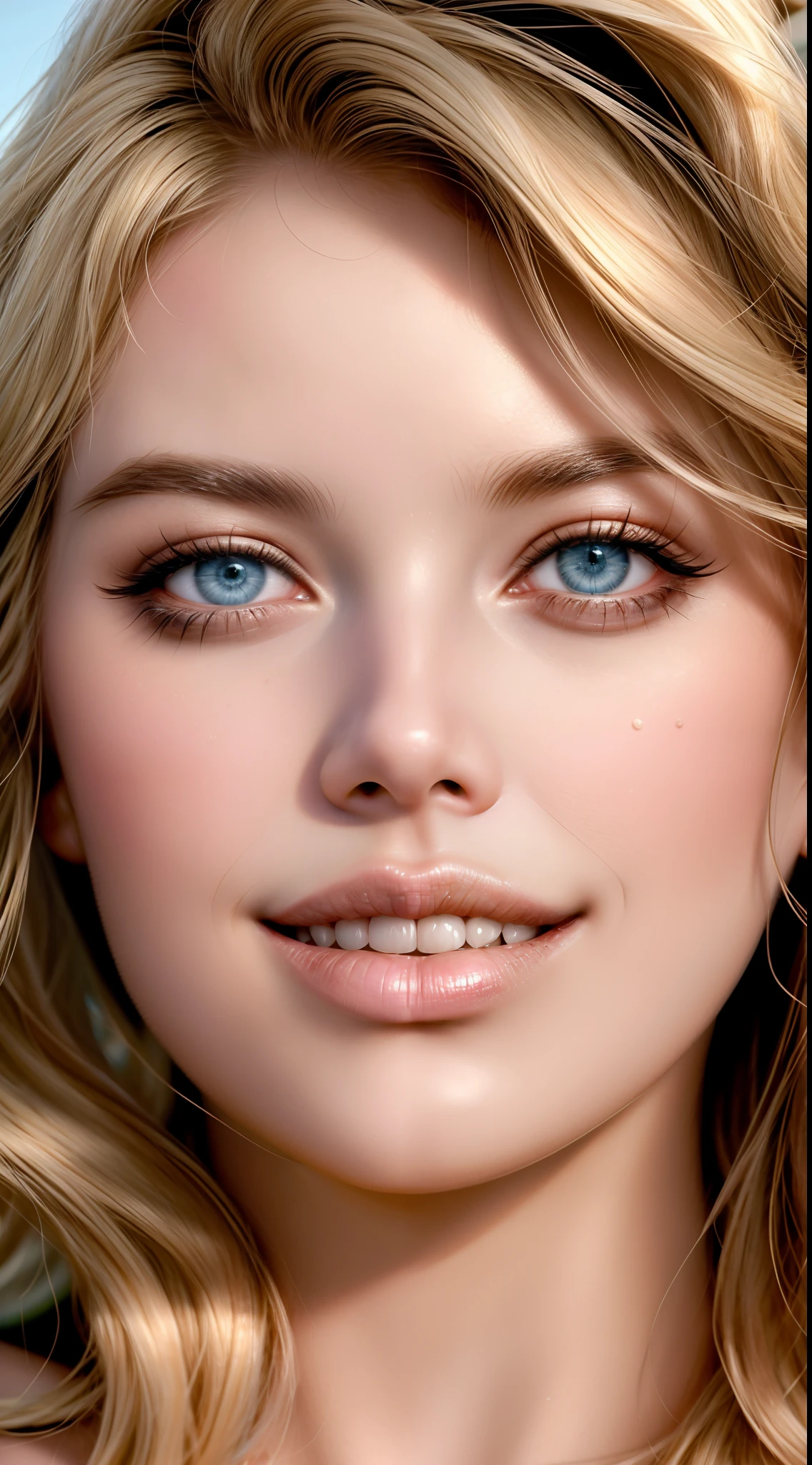 um close up de uma mulher com cabelos loiros e olhos azuis, Kate Upton, rostos hiper realistas, rostos ultra realistas precisos, rosto bonito fotorrealista, rosto bonito hiperrealista, rostos bonitos e realistas, Ultra - rostos realistas, rostos hiperrealistas, Margot Robbie Cara, mulher mais bonita da terra, rostos ultra realistas, rosto perfeito realista, Blonde and attractive features
