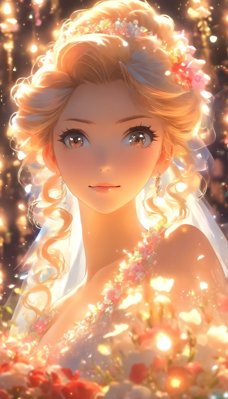 Beautiful bride, beautiful face, **ile, close-up, clear facial details, standing in the center of the stage, wedding dress, gorgeous stage, sea of flowers, and dazzling lighting