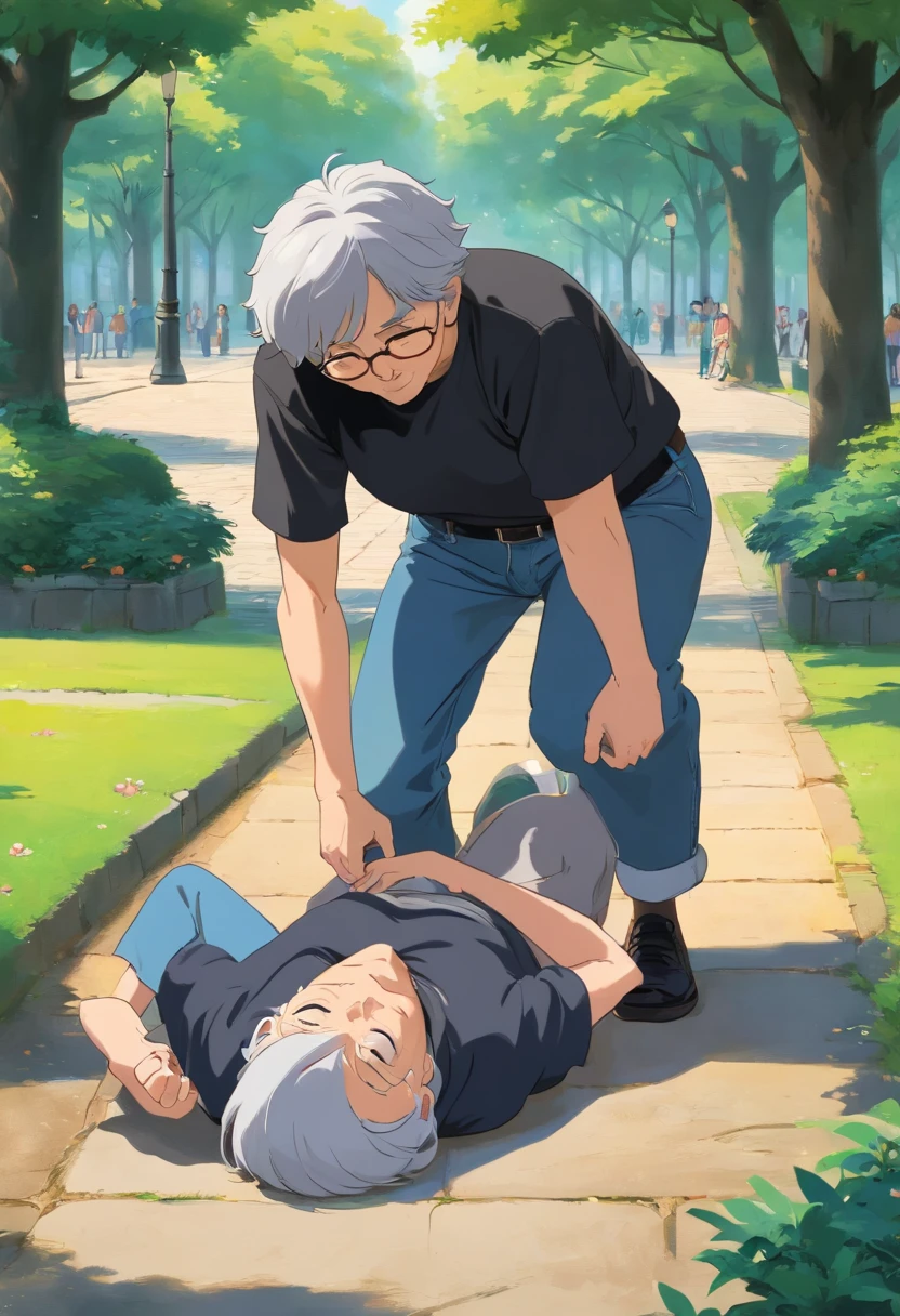 a young man with black t shirt and a jeans , helps an old woman that fell on the ground to stand up , the old woman is wearing black and gray uniform that fell on the ground , in the park , Dutch Camera Angle , Long Shot