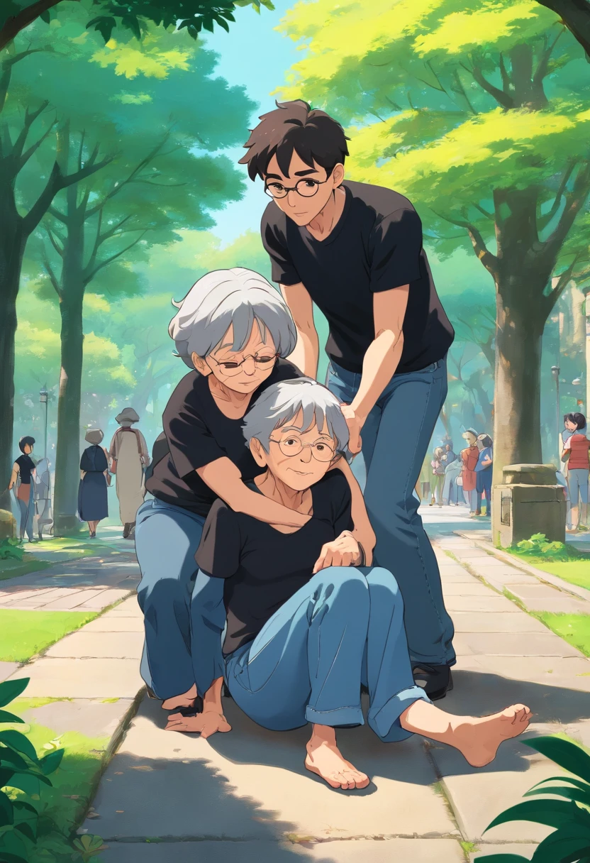 a young man with black t shirt and a jeans , helps an old woman that fell on the ground to stand up , the old woman is wearing black and gray uniform that fell on the ground , in the park , Dutch Camera Angle , Long Shot