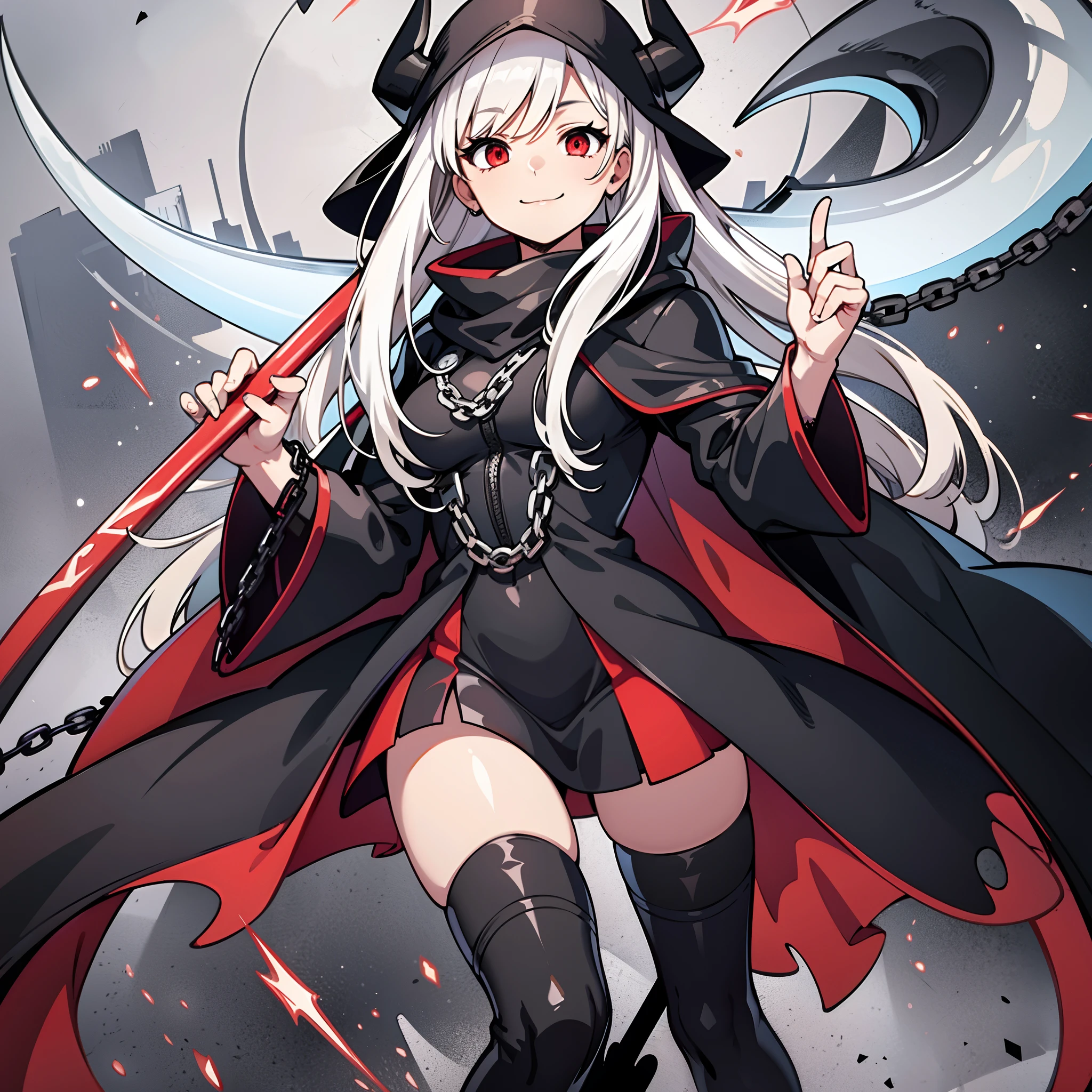 upper body, 1woman, White hair, Long Haired, Red eyes, (Vampire), Chain Collar, Black Long Cape, Dracula tunic, big breats, wallpaper, Grim Reaper with Scythe background, light particles, hands behind, (masterpiece), best quality, closed-mouth