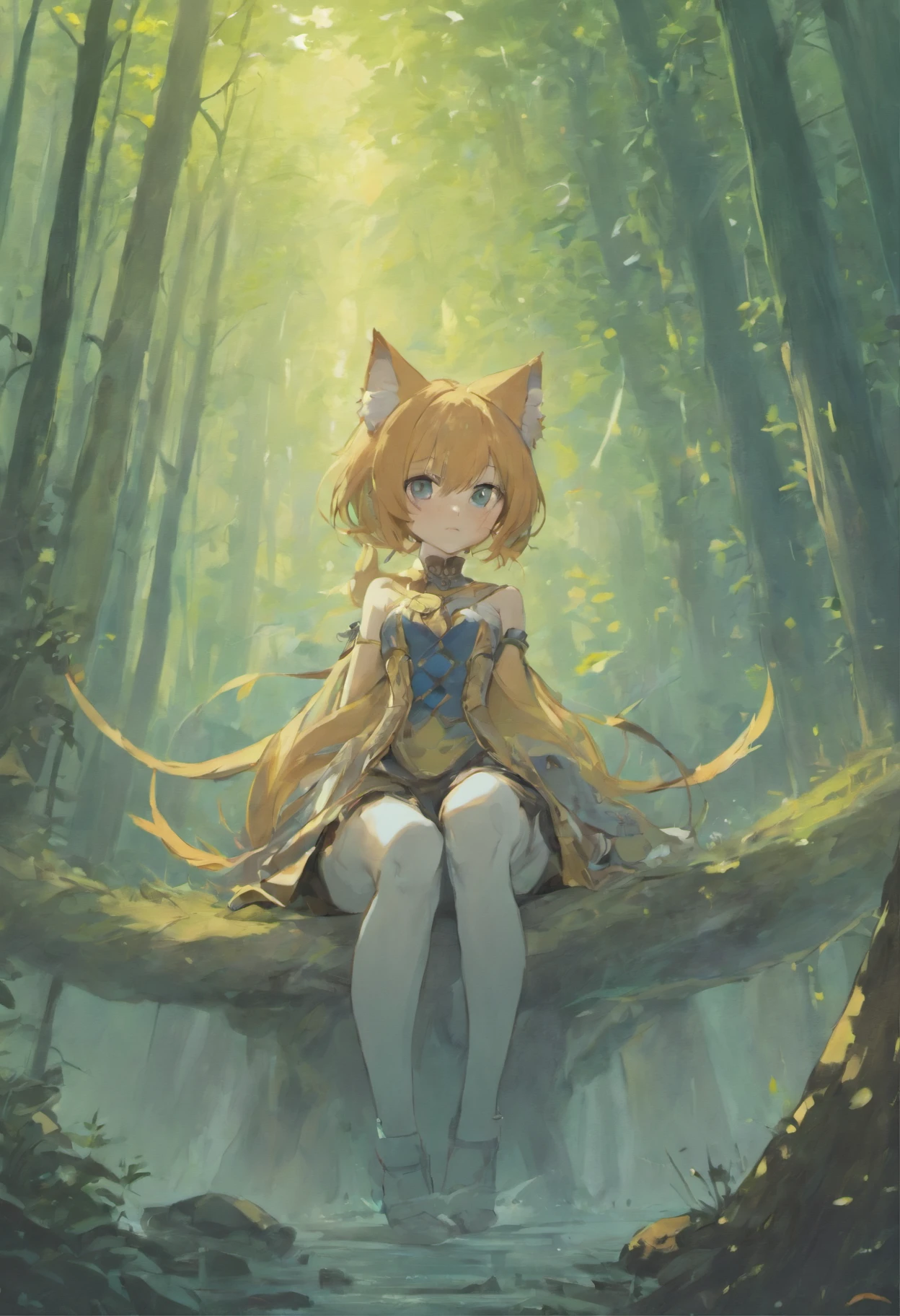 ((Need)), ((tmasterpiece)), (A detailed), , Ethereal beauty, Inhabits forests, (fantasy illustrations:1.3), Seductive gaze, captivating posture, , otherworldly charm, In the forest, (Luis Royo:1.2), (Yoshitaka Amano:1.1),, pastelcolor, (detailed cloudscape:1.3), (A high resolution:1.2),huge tit,black sock,tightsuit,Cat ears,a cat tail