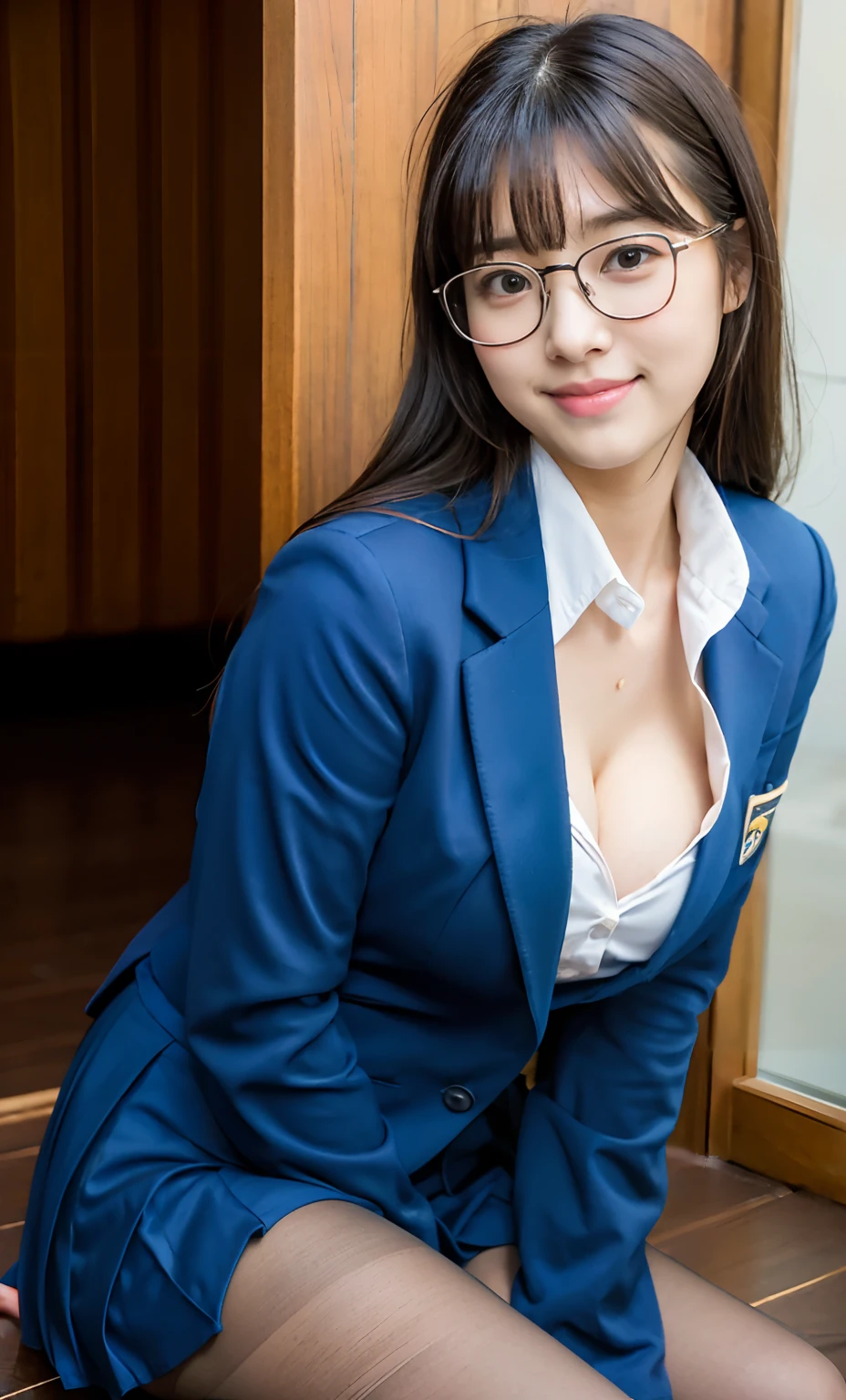ulzang-6500-v1.1,(RAW photo:1.2), (Photorealistic:1.4), Beautiful Meticulous Girl, very detailed eyes and faces, Beautiful detailed eyes, absurderes, unbelievable Ridiculous, hugefilesize, ultra - detailed, A high resolution, The is very detailed，best qualtiy，tmasterpiece，kemomimi，((Japanes girl' high school uniform))，illustratio，The is very detailed，CG，unified，8k 壁纸，Amazing Cleavage，finely detailled，tmasterpiece，best qualtiy，The is very detailed的 CG unified 8k 壁纸，light in face，cinmatic lighting, 1girll, 16 years old，(wears glasses)，(((dynamicposes)))，(Camel toes)，(A half body)，((Pantyhose))，((Sit with your knees folded))