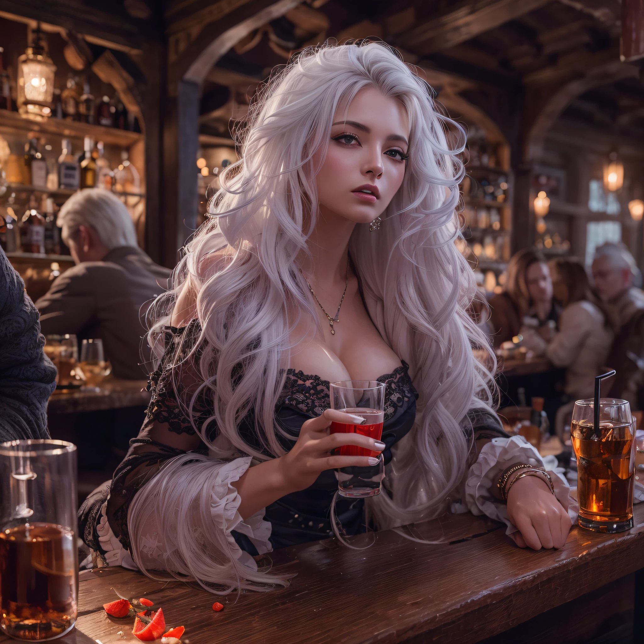 Woman drinking in tavern, long curly hair, White hair,  Vampire, busty, Detailed clothes in dark colors, Oil Painting, Detailed face,nffsw, hard disk , 8K, full-body view , Side view, Hyper-Realism, Very detailed, Zoom Out View, Full characters in the view