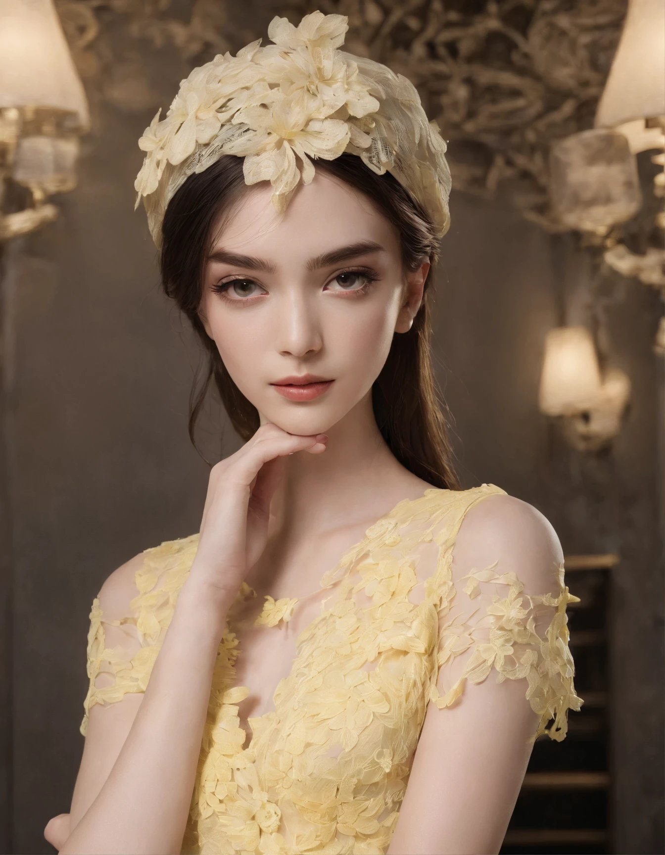 Pretty and very elegant girl wearing a talk cap decorated with light yellow lace flowers. Her entire face is covered with lace. She wears a loose-fitting light yellow lace cocktail dress that hangs over her shoulders. Her skin is very shiny. Her arms are folded. The background is beautiful black. The room is dimly lit.、She is gently illuminated.
Very shallow depth of field、the background is blurred. ((jewelry))