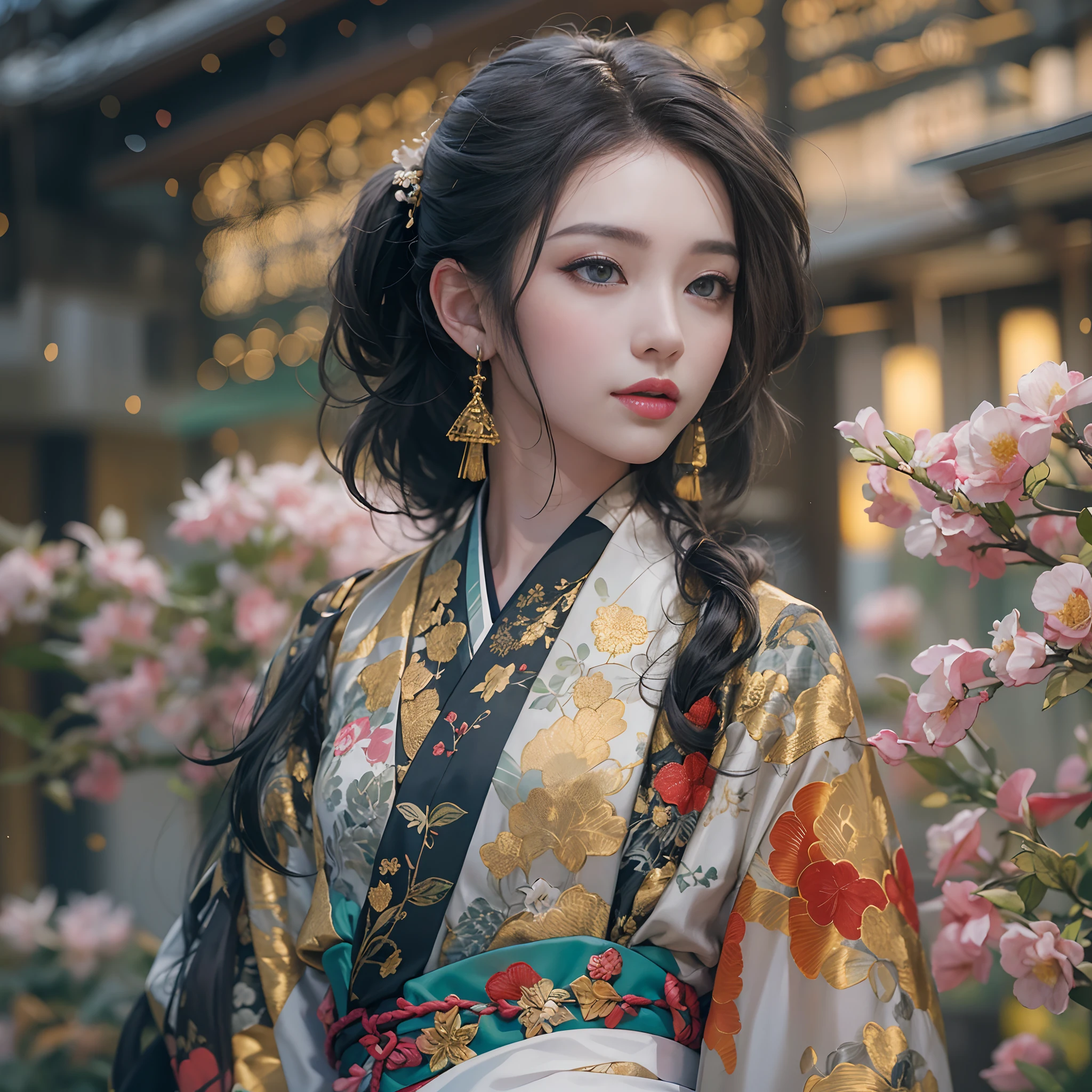 watching at viewers、Background with((ancient city:1.2)And the moon、(dense background:1.5))、BREAK {{{Luxury kimono(Colorful kimono(Detailed golden embroidery,))}}}、face perfect,Depict a beautiful and graceful woman of Japan,poneyTail、Woman with shiny black hair、perfect hand,Heart in the eye。odd eye,full body Esbian,Blur the background with a sickle,((masutepiece)), ((Best Quality))Wallpapers 16K, .Blur the background with a sickle,BREAK,((masutepiece)), ((Best Quality)),epicd(Lige Fries Photography、sony a7、50 millimeters、pores:1.5、Farbe、ultra-detailliert:1.5、film grains:1.4、hyper realisitic:1.5)、octan render、 ultra realistic lifelike textures、masterpiece、unrealengine5、the Extremely Detailed CG Unity 8K Wallpapers、Madly detailed photo、Ultra-realistic light、(Pulitzer Prize for Best Photography、Taylor Wessing Award for Best Photography)