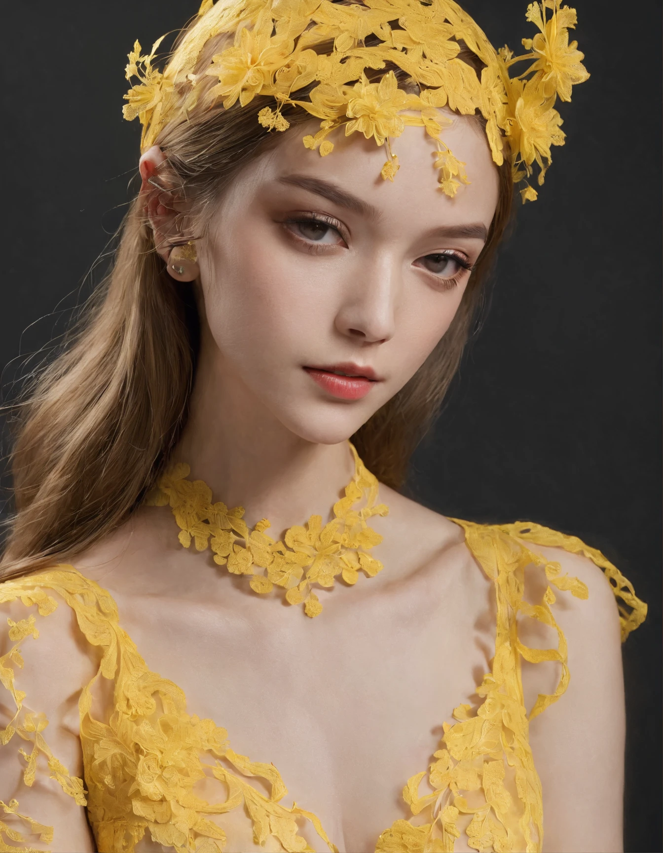 Pretty and very elegant girl wearing a talk cap decorated with yellow lace flowers. Her entire face is covered with lace. She wears a loose-fitting yellow lace cocktail dress that hangs over her shoulders. Her skin is very shiny. Her arms are folded. The background is beautiful black. The room is dimly lit.、She is gently illuminated.
Very shallow depth of field、the background is blurred.  ((jewelry))