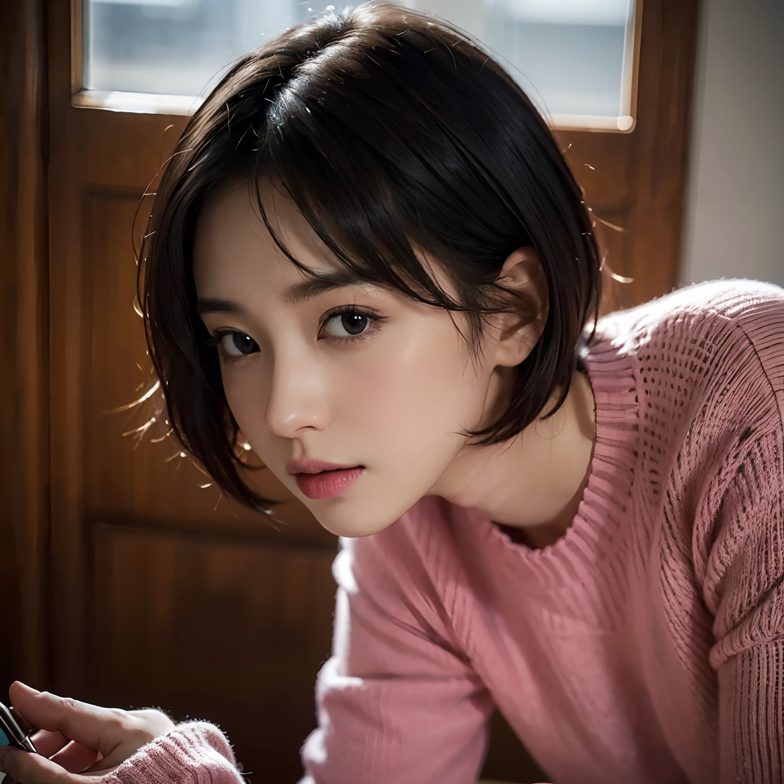 (masuter piece:1.3)、(8k、Photorealsitic、RAW Photography、top-quality: 1.4)、(1girl)、beautiful countenance、(lifelike face)、(A dark-haired、short-hair:1.3)、Beautiful hairstyle、realisticeyes、Beautiful details、(real looking skin)、Beautiful skins、(Pink sweater)、absurderes、enticing、超A high resolution、A hyper-realistic、high-detail、the golden ratio
