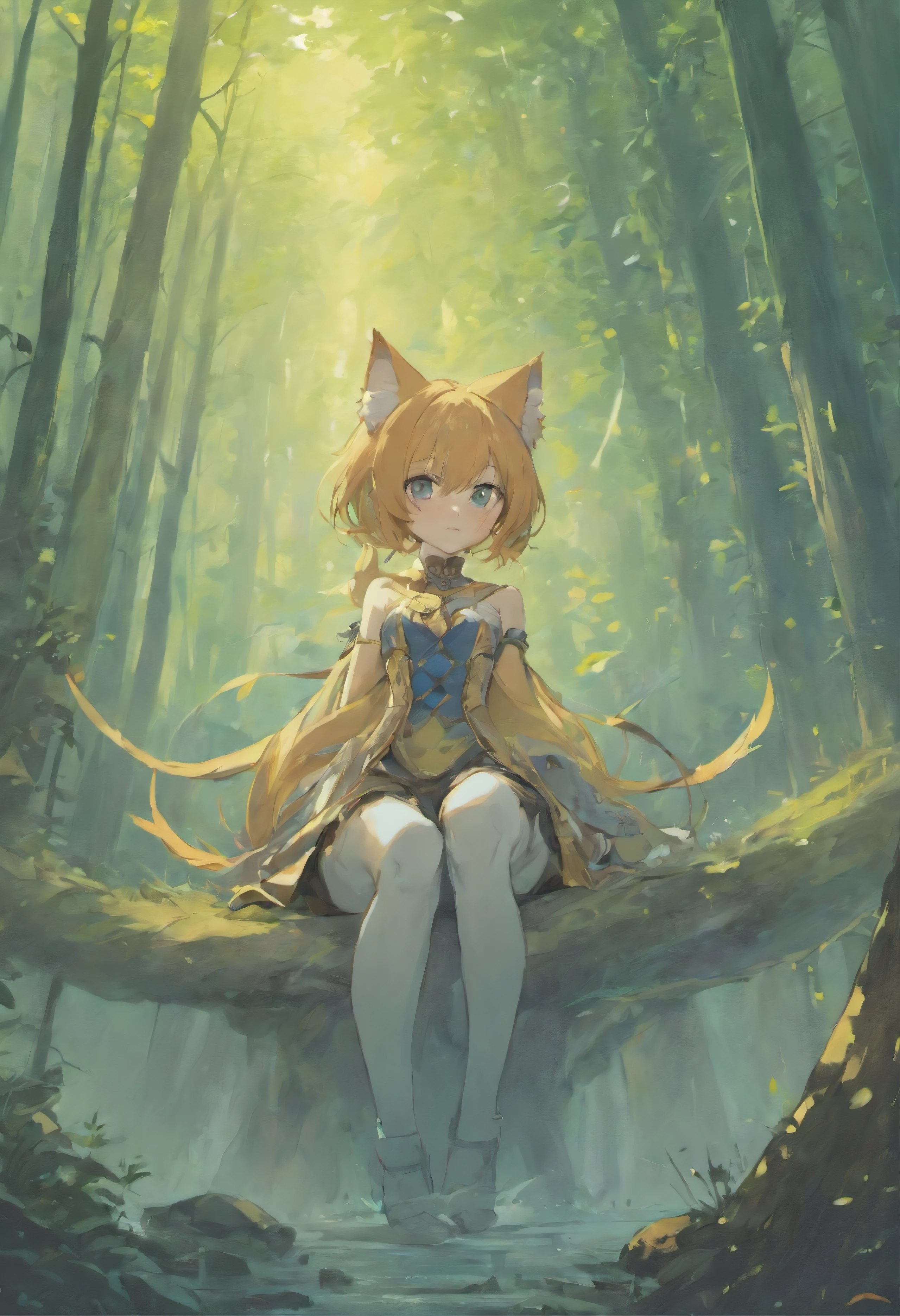 ((Need)), ((tmasterpiece)), (A detailed), , Ethereal beauty, Inhabits forests, (fantasy illustrations:1.3), Seductive gaze, captivating posture, , otherworldly charm, In the forest, (Luis Royo:1.2), (Yoshitaka Amano:1.1),, pastelcolor, (detailed cloudscape:1.3), (A high resolution:1.2),huge tit,black sock,tightsuit,Cat ears,a cat tail