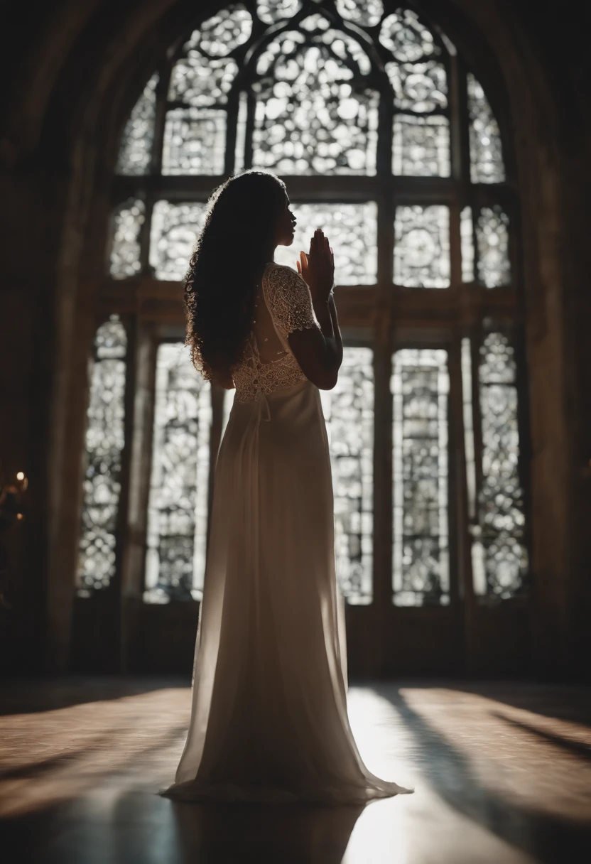 Mulher negra, Cabelos longos e escuros; Pele morena ou escura; Rosto suave e sereno; Vestimenta com manto azul profundo e vestido branco; Coroa ornamentada; Hands United in Prayer; 4k