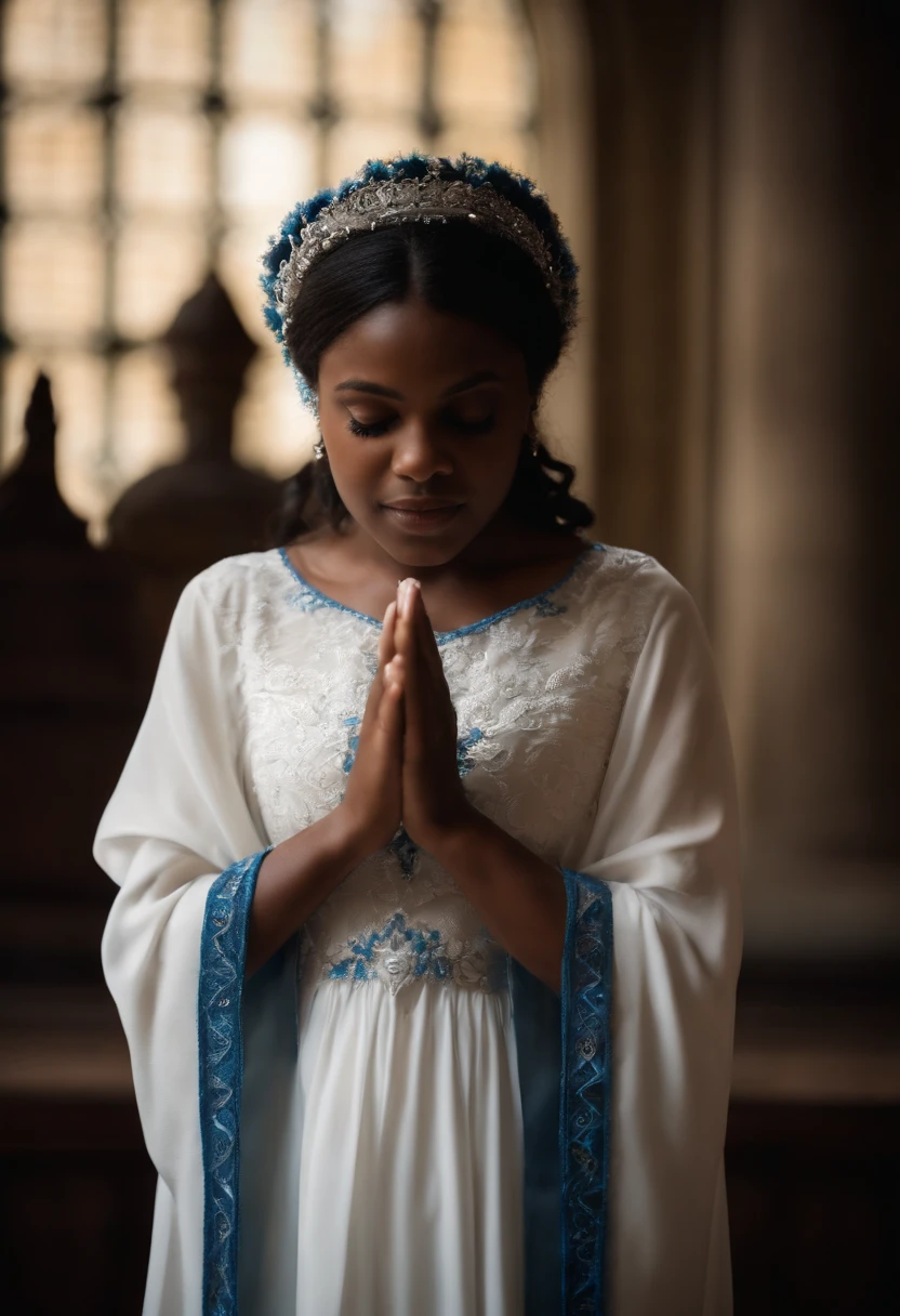 Mulher negra, Cabelos longos e escuros; Pele morena ou escura; Rosto suave e sereno; Vestimenta com manto azul profundo e vestido branco; Coroa ornamentada; Hands United in Prayer; 4k