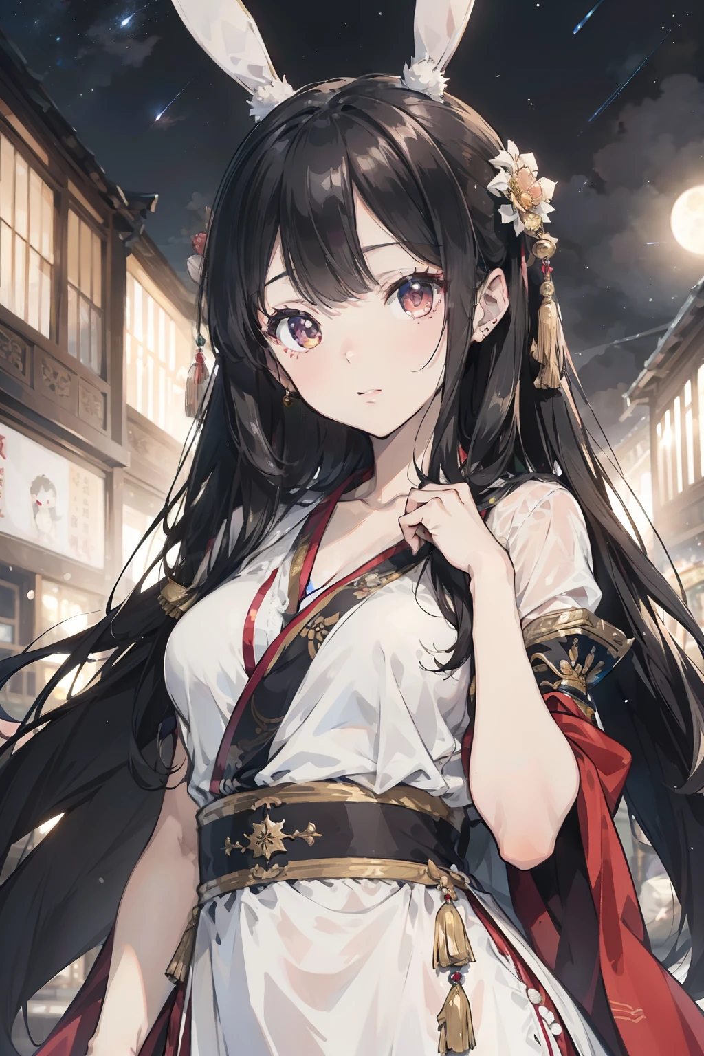 (masterpiece), (best quality), 8k resolution, 1girl, Asian girl, stunning beauty, perfect face, mature female, 20yo, sexy, bunny ears, Hanfu, rm dress, rm hair ornament, hanfu, see-through, silk, jewelry, fantasy, on the moon, simple line