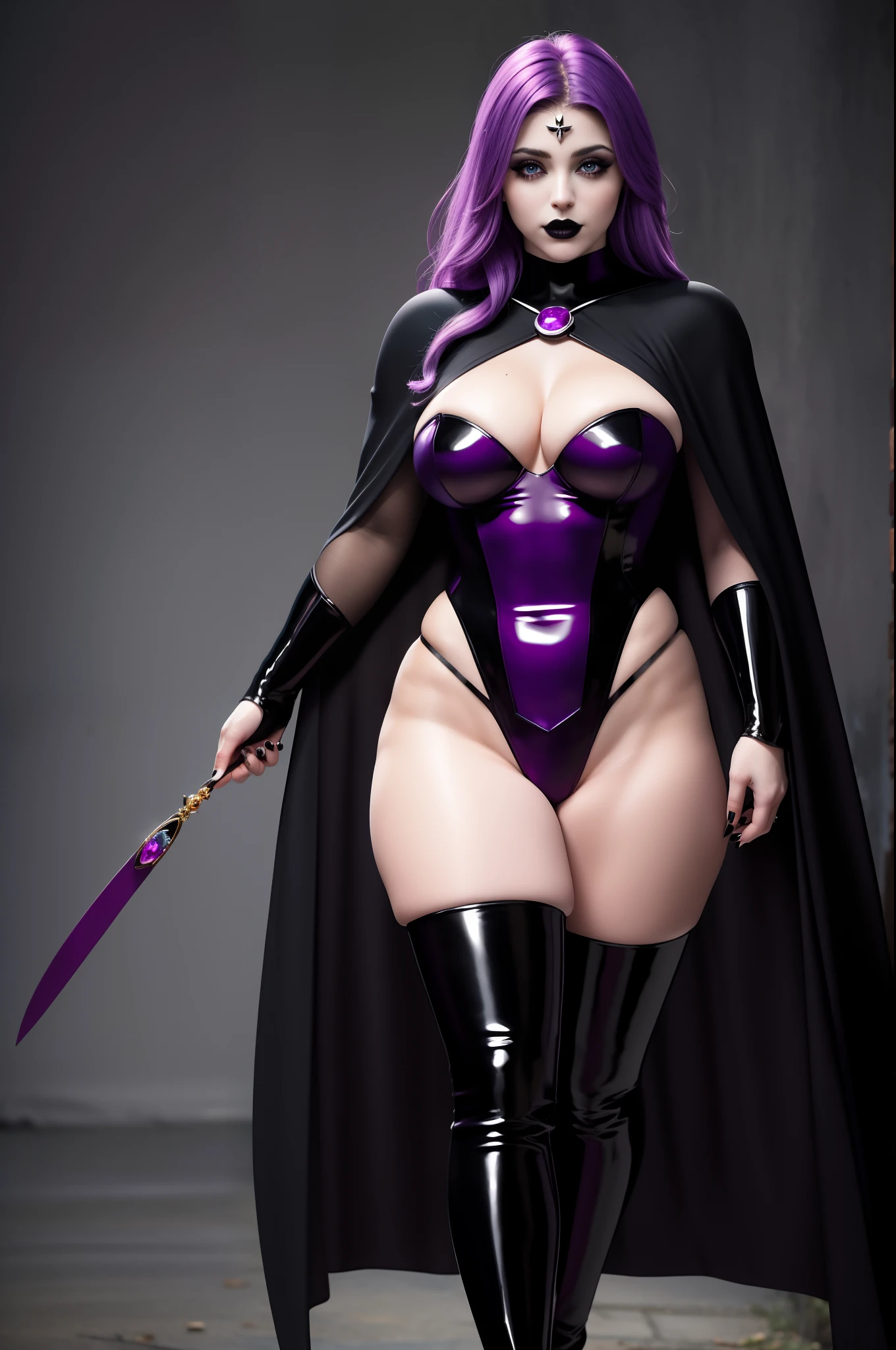 Masterpiece, professional artwork, famous artwork, gothgirl solo as raven , muscular, wide hips, large breasts,, leotard, full-body angle,  dark atmosphere, grey skin, purple hair, forehead jewel, cape,black  leather thigh boots