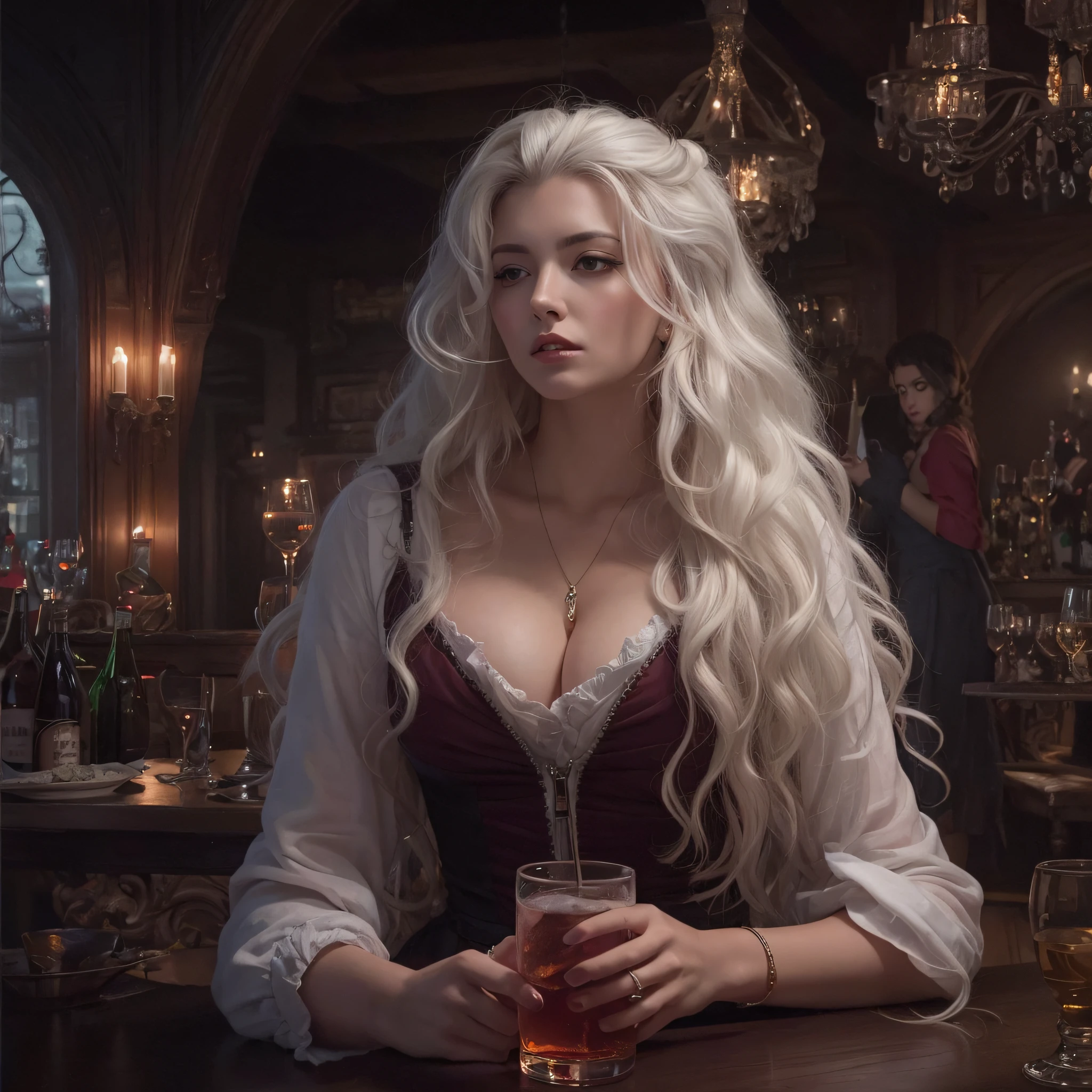 Woman drinking in tavern, long curly hair, White hair, Vampire, busty, Detailed clothes in dark colors, Oil Painting, Detailed face,nffsw, hard disk , 8K, full-body view , Side view, Hyper-Realism, Very detailed, Zoom Out View, Putting the full character in view -Imagine-