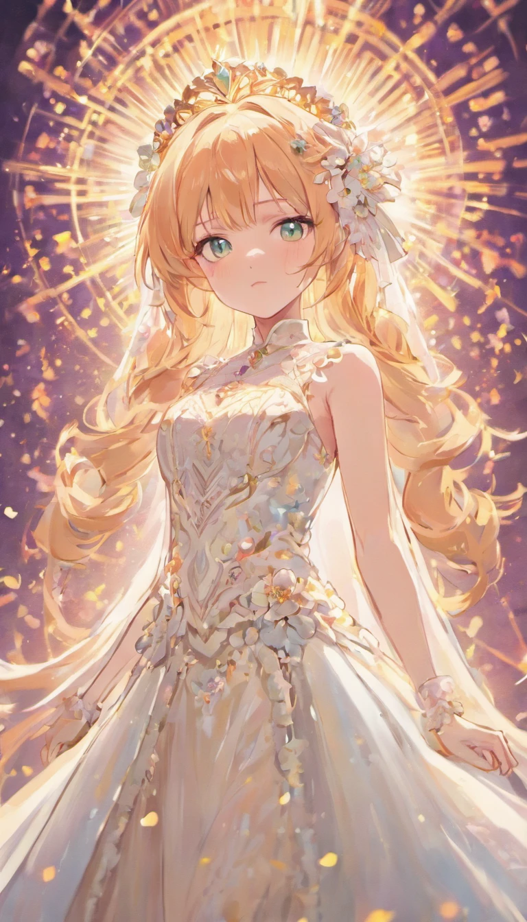 Beautiful bride, Beautiful face, **CU, Close-up, Clear facial details, Stand in the center of the stage, Wedding dress, Gorgeous stage, flower sea, and dazzling lights