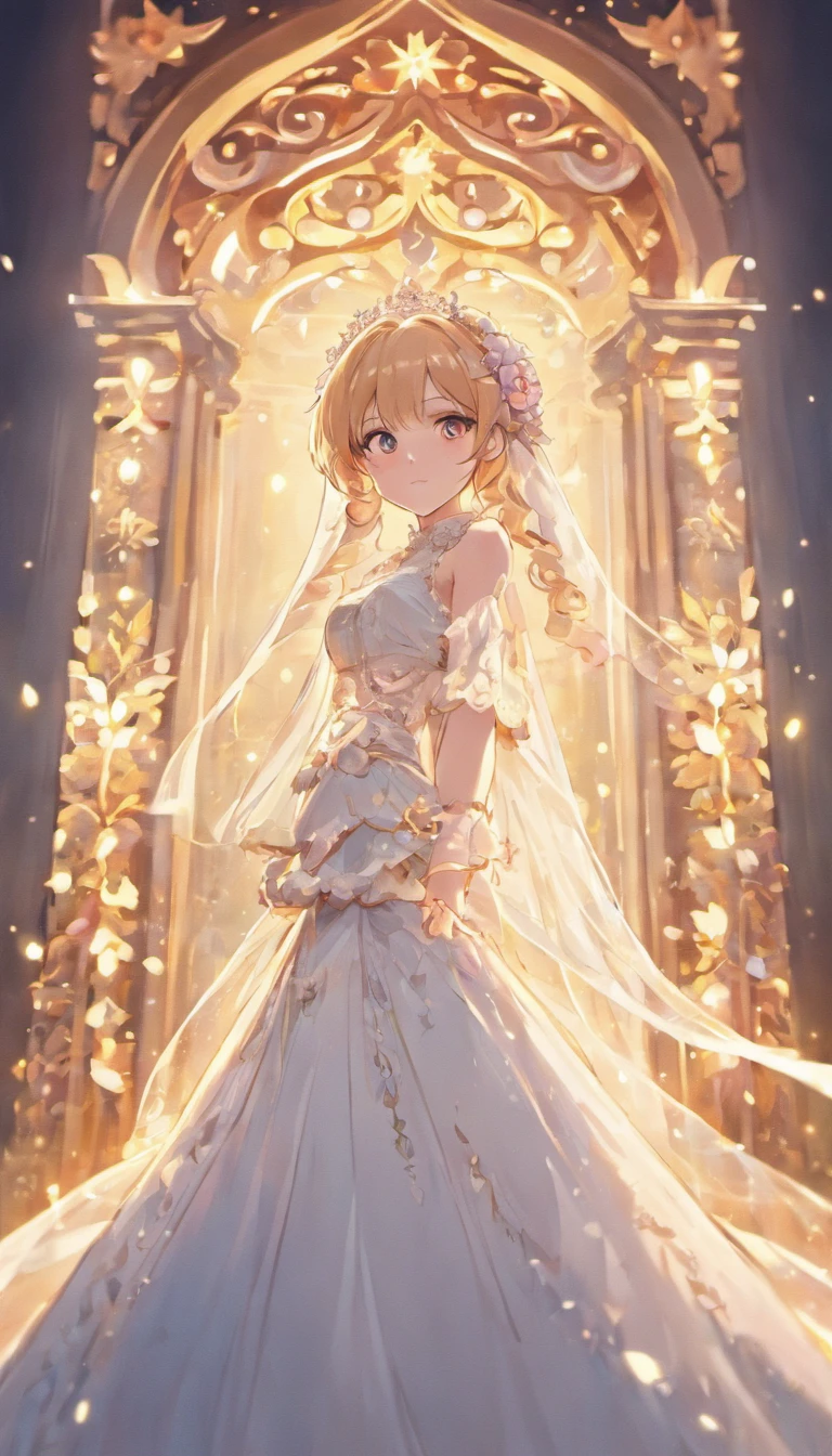Beautiful bride, Beautiful face, **CU, Close-up, Clear facial details, Stand in the center of the stage, Wedding dress, Gorgeous stage, flower sea, and dazzling lights