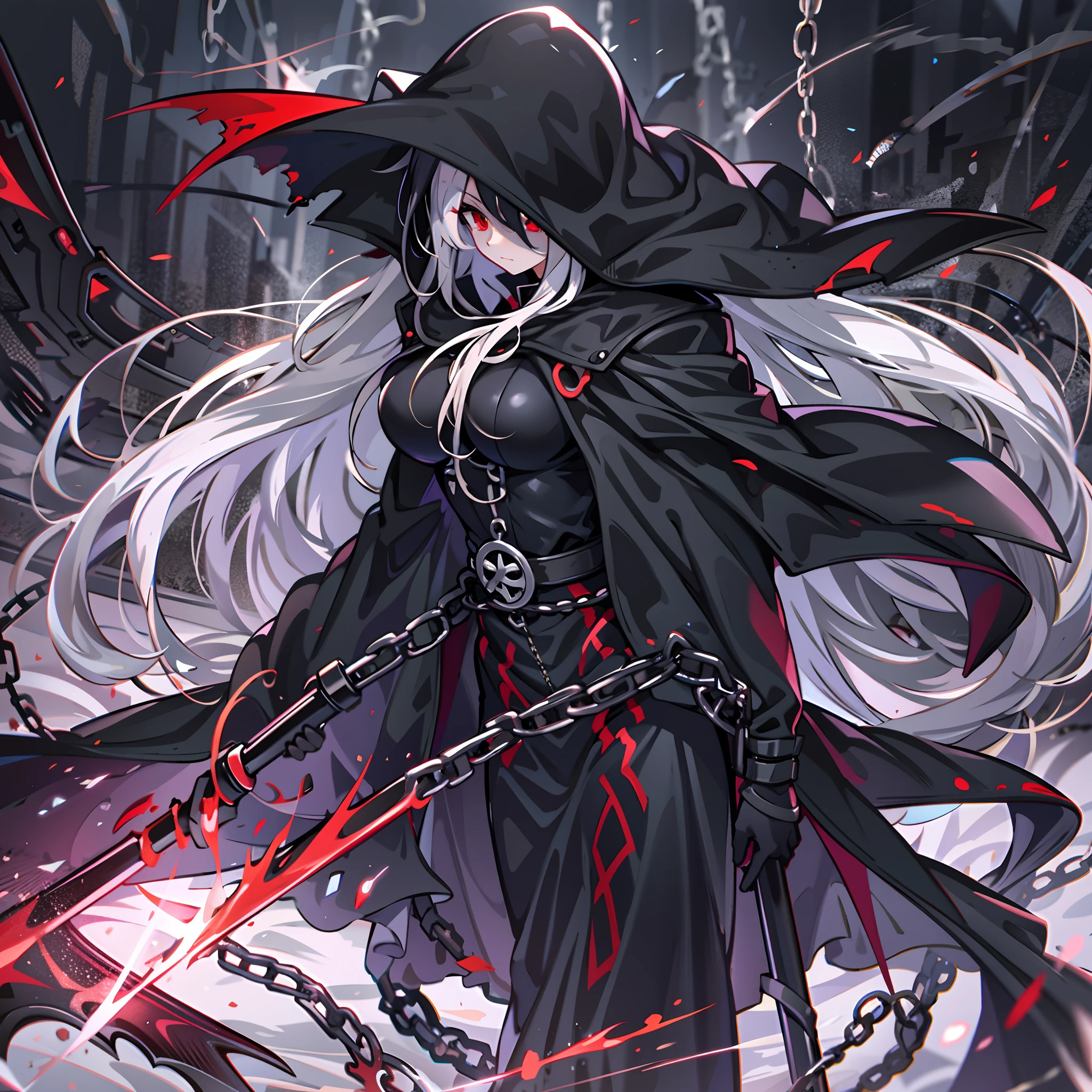 upper body, 1woman, White hair, Long Haired, Red eyes, (Grim Reaper), Black Long Cape, Black Large Scythe, tunic, big breats, wallpaper, Chain background, light particles, (masterpiece), best quality, closed-mouth