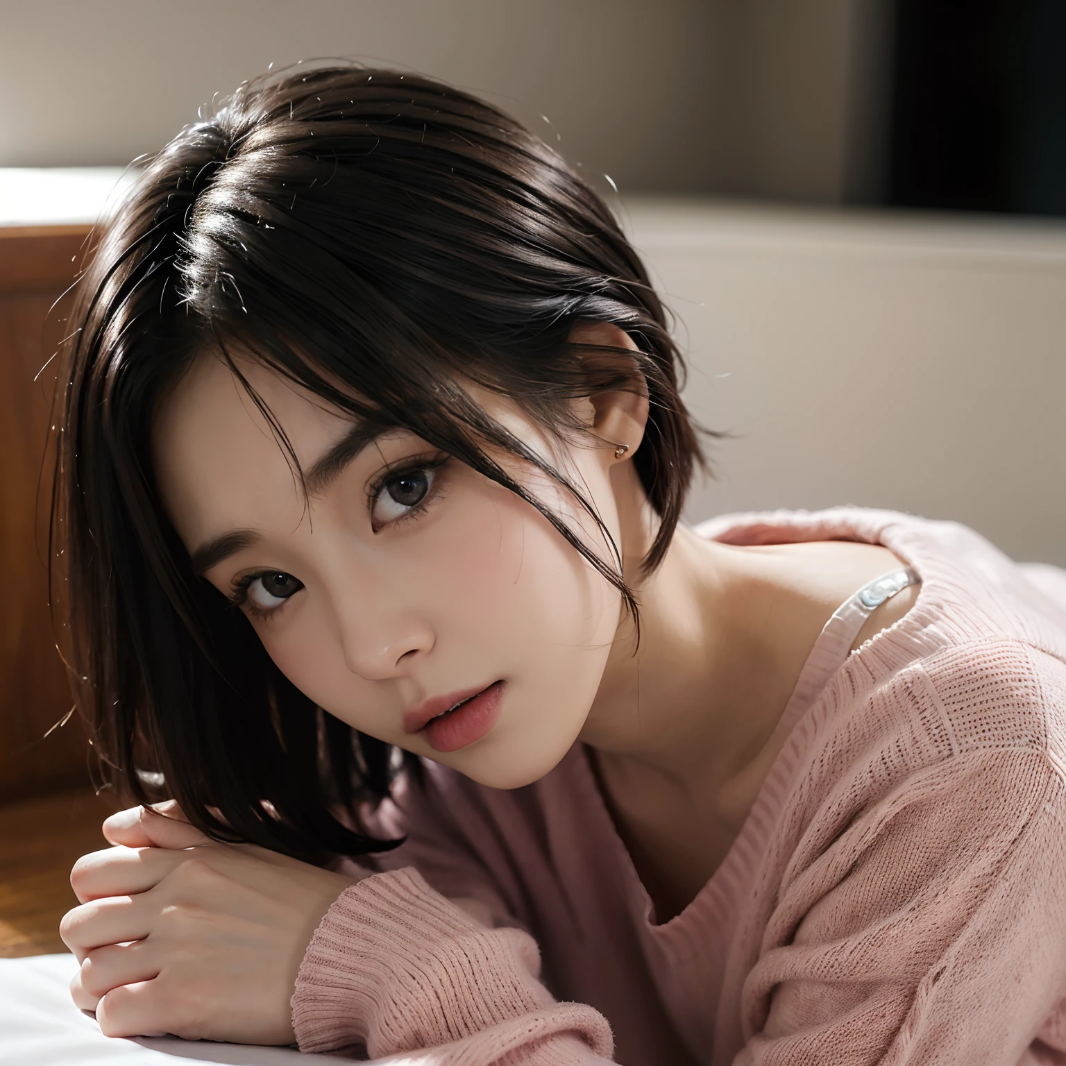 (masuter piece:1.3)、(8k、Photorealsitic、RAW Photography、top-quality: 1.4)、(1girl)、beautiful countenance、(lifelike face)、(A dark-haired、short-hair:1.3)、Beautiful hairstyle、realisticeyes、Beautiful details、(real looking skin)、Beautiful skins、(Pink sweater)、absurderes、enticing、超A high resolution、A hyper-realistic、high-detail、the golden ratio