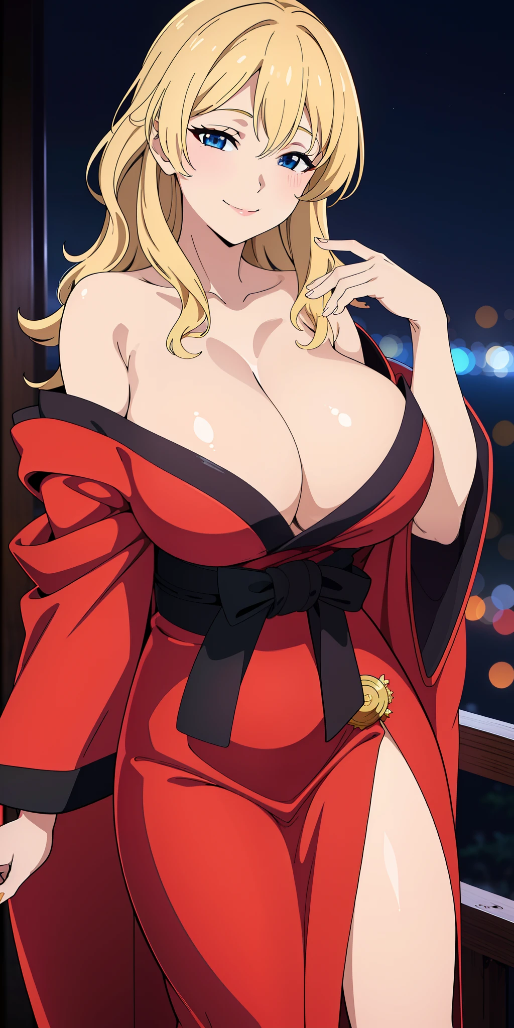 (best quality:1.5, highres, UHD, 4K, detailed lighting, shaders), blonde wavy hair, busty, off shoulder kimono, cleavage, standing, (close shot), night background, smiling, lewd, sexy, erotic, seductive