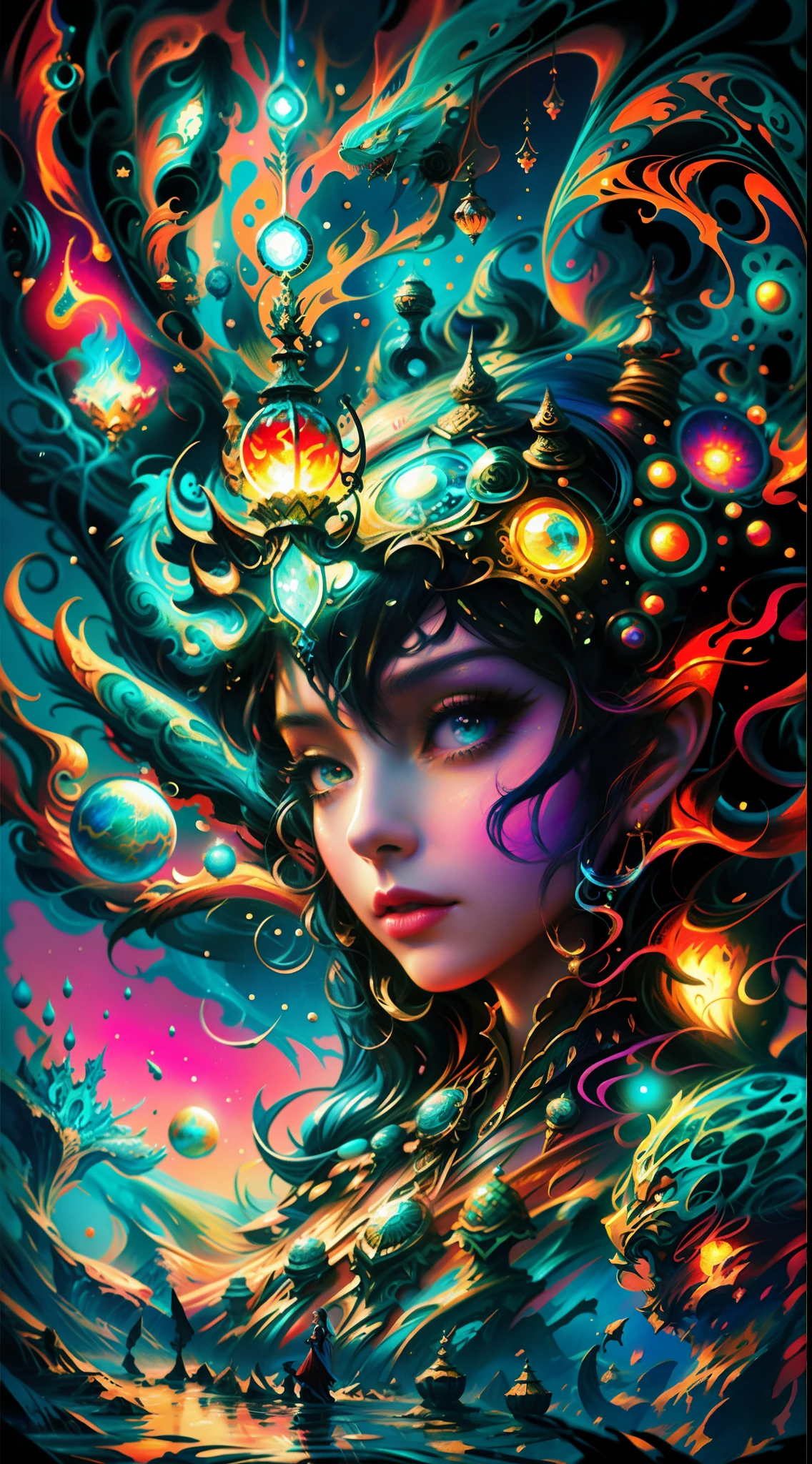 a painting of a woman with a head full of colored lights, arte digital de fantasia detalhada, arte de fantasia digital colorida, intrincada pintura digital, arte de fantasia digital 2d detalhada, Epic Fantasy Digital Art Style, arte de fantasia detalhada, arte de fantasia digital 2d, Arte digital altamente detalhada em 4k, arte fantasia behance, retrato de fantasia fosco detalhado, arte digital de fantasia, arte digital fantasia