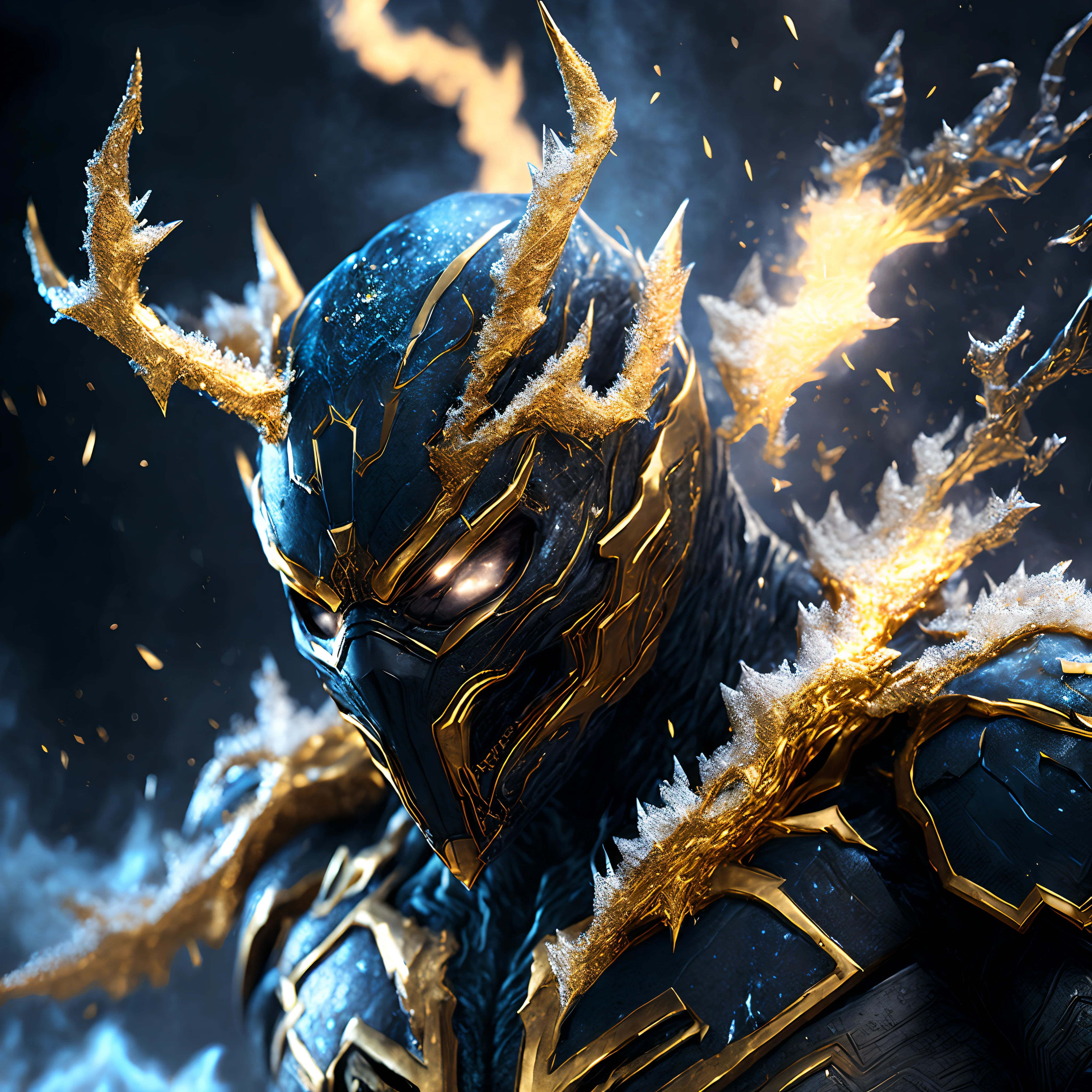 Close-up ( frozen gold venom from Marvel in Goth style: 1.3) emerging from the venomous ice, extremely detailed, smoke, sparks, metal shavings, flying debris, volumetric light