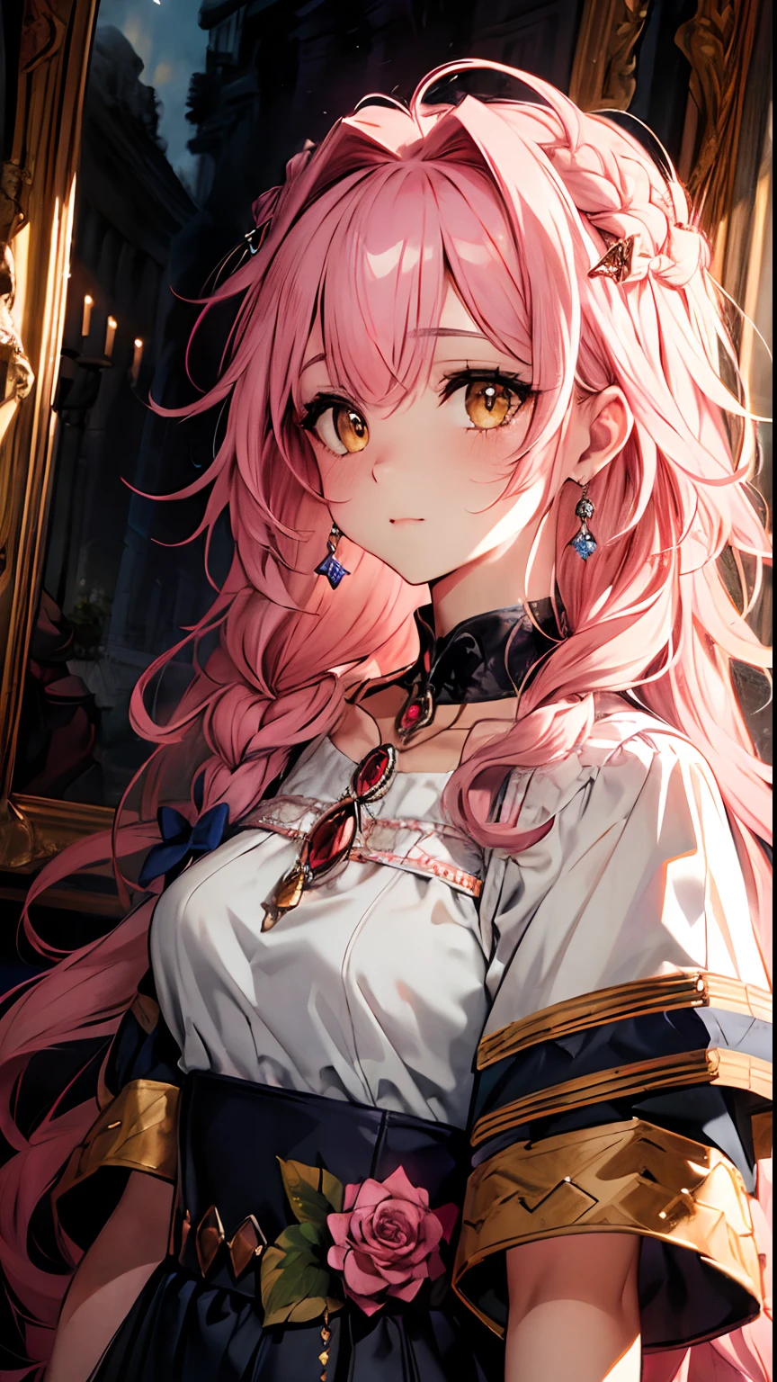 (Best quality, 4K, 8K, A high resolution, Masterpiece:1.2), Ultra-detailed, Noble maiden, Exquisite facial features，Pink curly hair long hair details expressed, Graceful posture, Dreamy atmosphere, expressive brush strokes, mystical ambiance, Artistic interpretation,Delicately coiled hair，Floral jewelry with exquisite details, Crystal diamond jewelry，Small fresh aesthetics，Stunning intricate costumes, Fantasy illustration, Subtle colors and tones, The details have been upgraded