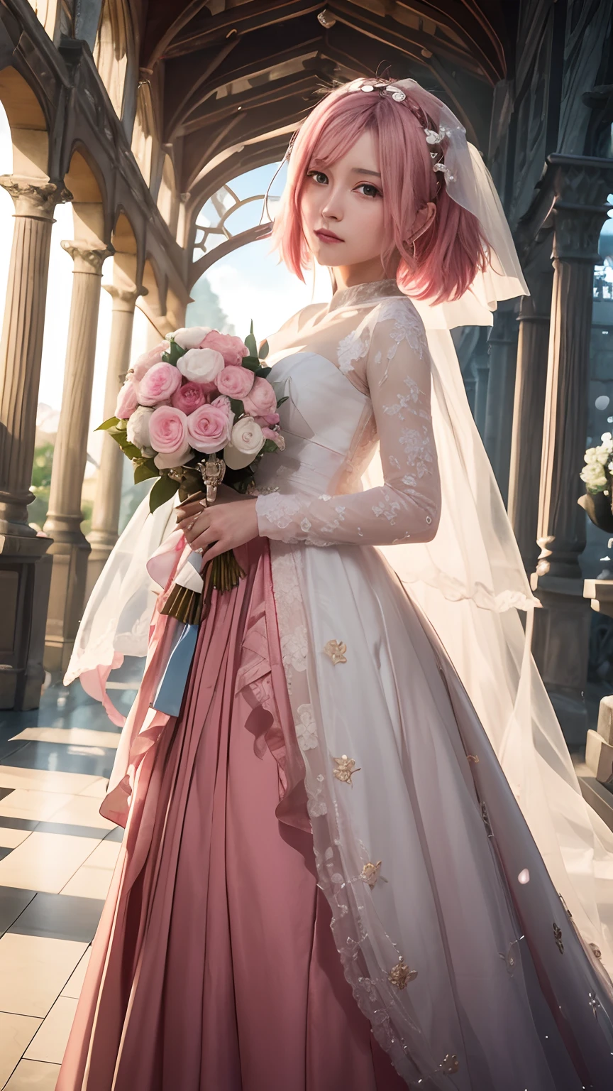 Sakura Uchiha.  a woman is in a castle.  she wore a red wedding dress.  and pink.  she holds a bouquet of roses in her hands.  he appears to have short hair.  pink.  the straight one.  short.  decompose.  not tied.  he appears to be looking at the camera.  so beautiful and realistic