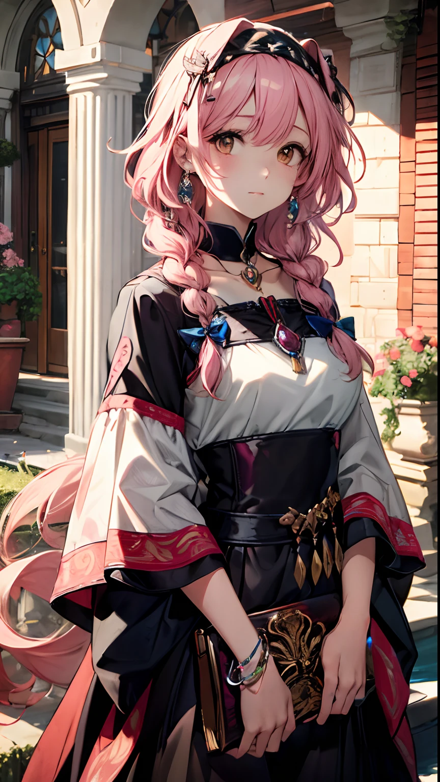 (Best quality, 4K, 8K, A high resolution, Masterpiece:1.2), Ultra-detailed, Noble maiden, Exquisite facial features，Pink curly hair long hair details expressed, Graceful posture, Dreamy atmosphere, expressive brush strokes, mystical ambiance, Artistic interpretation,Delicately coiled hair，Floral jewelry with exquisite details, Crystal diamond jewelry，Small fresh aesthetics，Stunning intricate costumes, Fantasy illustration, Subtle colors and tones, The details have been upgraded