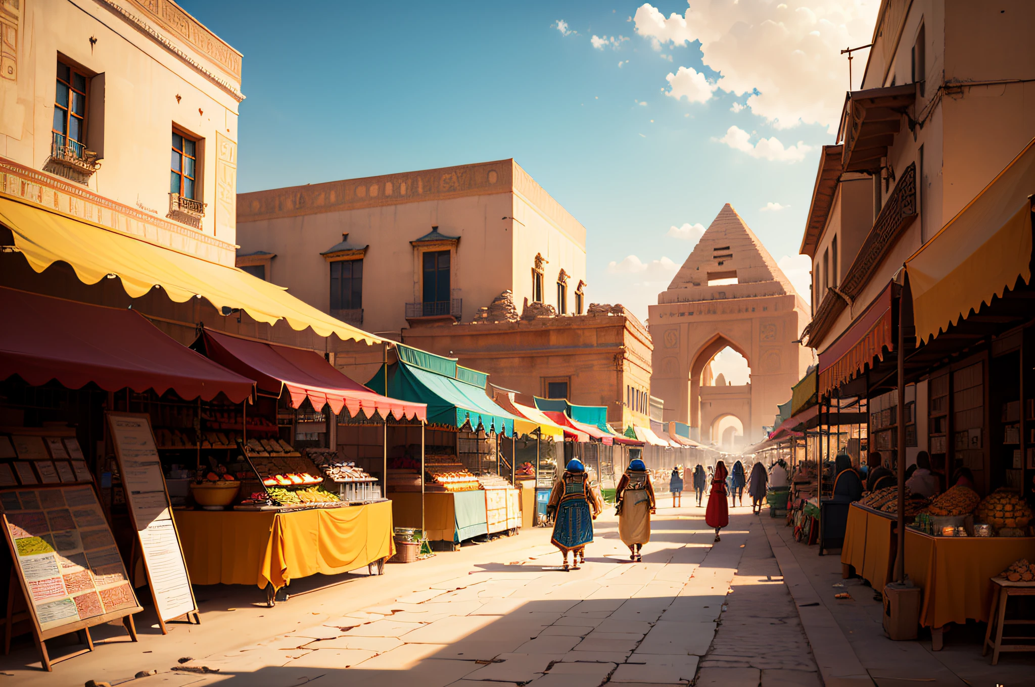 best quality,4k,highres,masterpiece:1.2,ultra-detailed,realistic:1.37,ancient egyptian city,pyramids of giza,beautiful nile river,sandy desert,majestic sphinx,crowded market,bustling streets,colorful bazaars,towering minarets,golden sunlight,exotic atmosphere,hieroglyphic carvings,grand architecture,traditional costumes,camel caravans,pharaoh's palace,vibrant street life,traditional music and dance,serene oasis,palm trees swaying,floating feluccas,narrow alleyways,jeweled treasures,historical artifacts,whispering secrets of the past,mysterious and enchanting,ancient wonders come alive