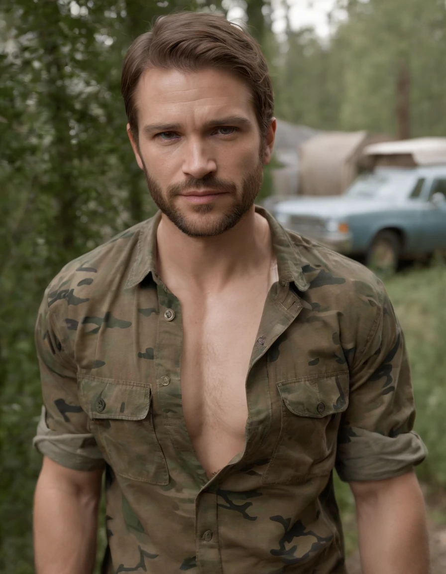 1man, (exposed whole body, only wearing camouflage boxer brief:1.4), (Joel miller), (extremely accurate facial features head shape of Joel Miller from The Last of Us) looking at viewer, masterpiece, the highest quality of all time, absurd skin texture details and quality, absurd textures quality, fujiFilm superia